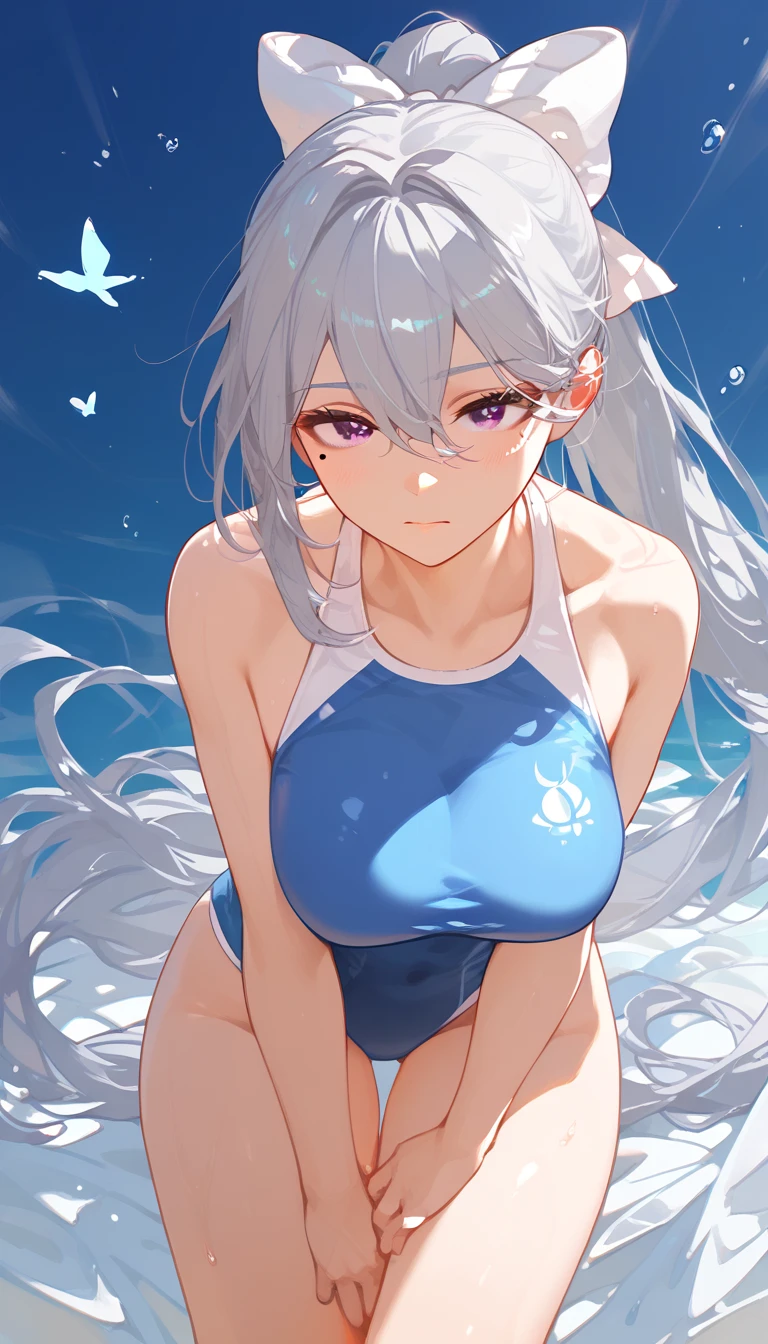  (masterpiece:1.2), ( best quality :1.2),  perfect eyes,  perfect face,  1 girl,hk1, purple eyes, grey hair, hair between eyes, long hair, very long hair, ponytail, mole under eye, bow, white bow,big breasts,swimsuit,