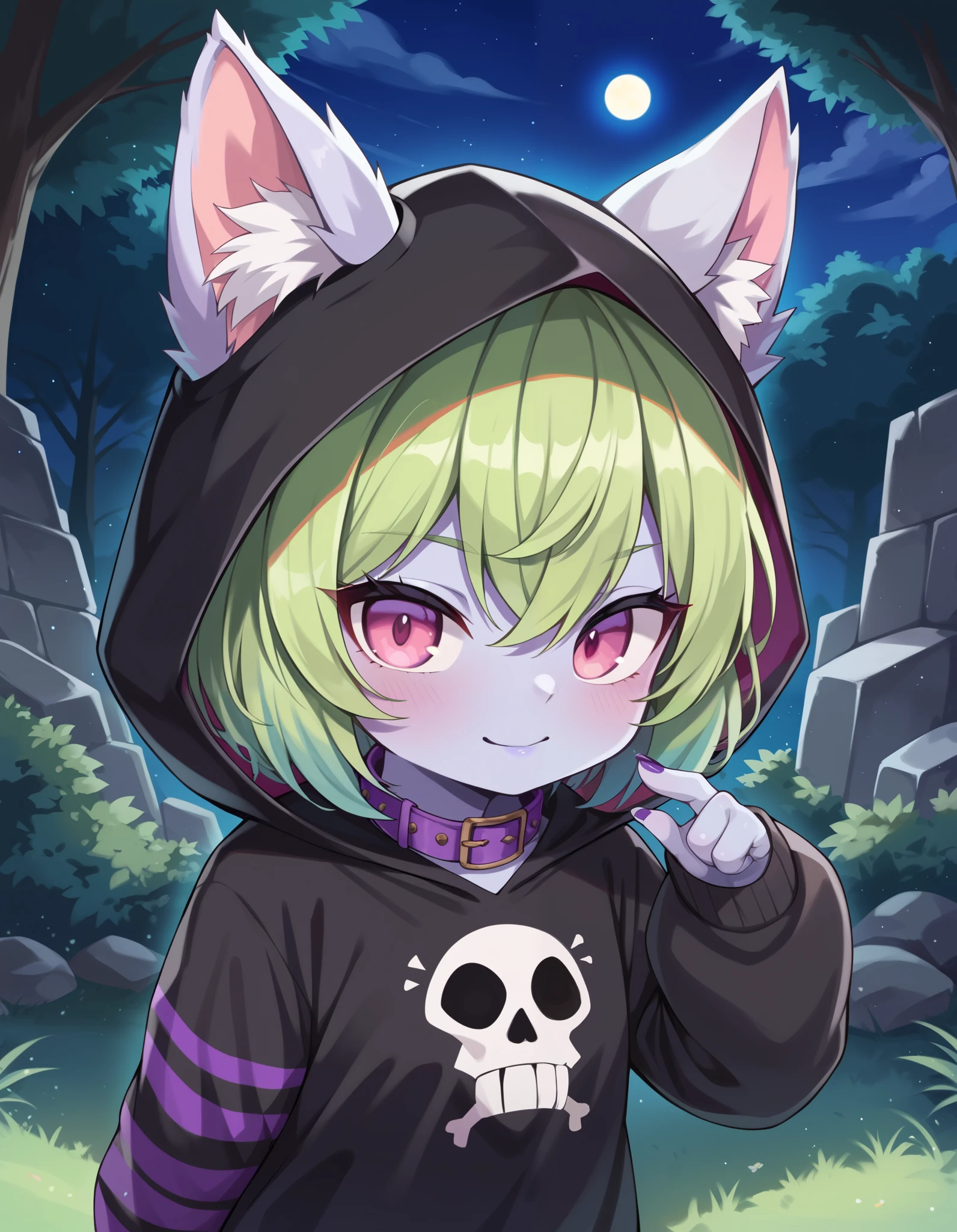 score_9, score_8_up, score_7_up, hkhorror, skull, VexLoLXL, yordle, shortstack, pink eyes, green hair, bangs, short hair, grey skin, colored skin, black hood, hood up, ears through headwear, white animal ears, black shirt, purple collar, golden ornament, long sleeves, sleeves past wrists, purple pants, hkhorror, outdoors, huge stone, stone, night, light,