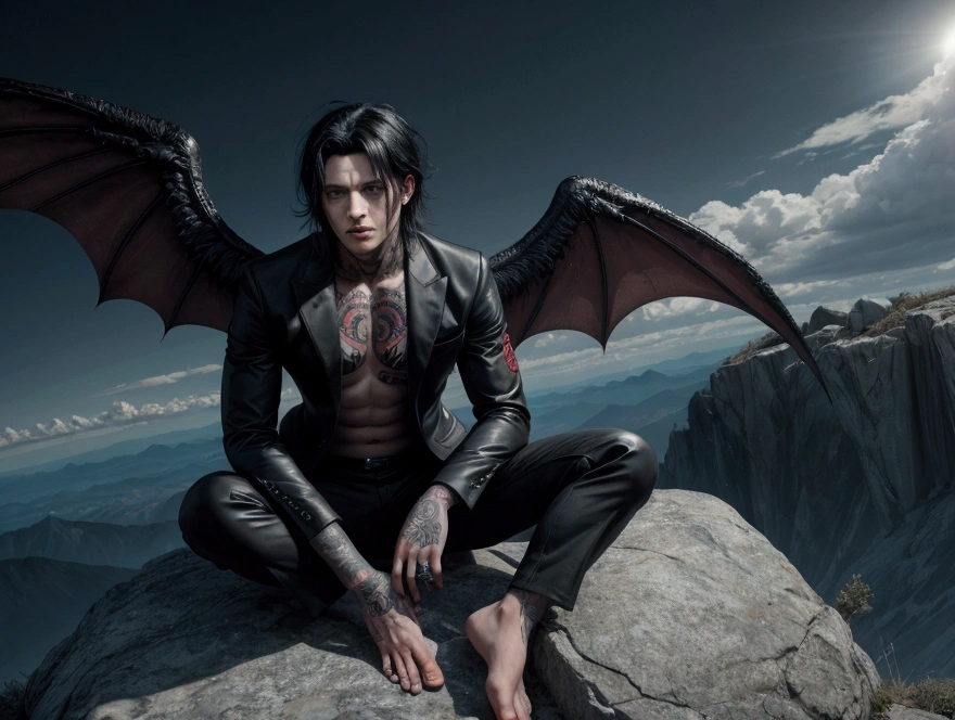 Angel male with 30 years old with ancient alphabet tattoos on his neck, fingernails painted black and red eyes, huge black wings bat, wearing a black suit and barefoot, on top of a mountain, sparkling eyes, red hair, messy hair, hair over eyes, Hyperrealism, god rays, cinematic lighting, backlighting, anime style, UHD, anatomically correct, highres.
