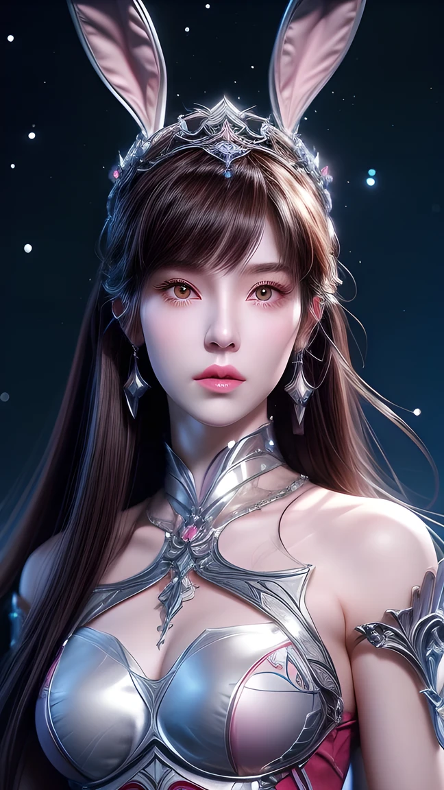 Close-up of a woman with rabbit ears and a sword, Queen of the Sea Mu Yanling, Zodiac Girl Knight Portrait, Lineage 2 style, Smooth anime CG art, Game CG, beautiful fantasy queen, Complex and gorgeous anime CGI style, drank, Close up view of goddess, anime goddess, dead, Realistic anime girl rendering,huge breasts,Larger breasts,amazing breast size,Expose cleavage,Naked breasts,Extensive nudity