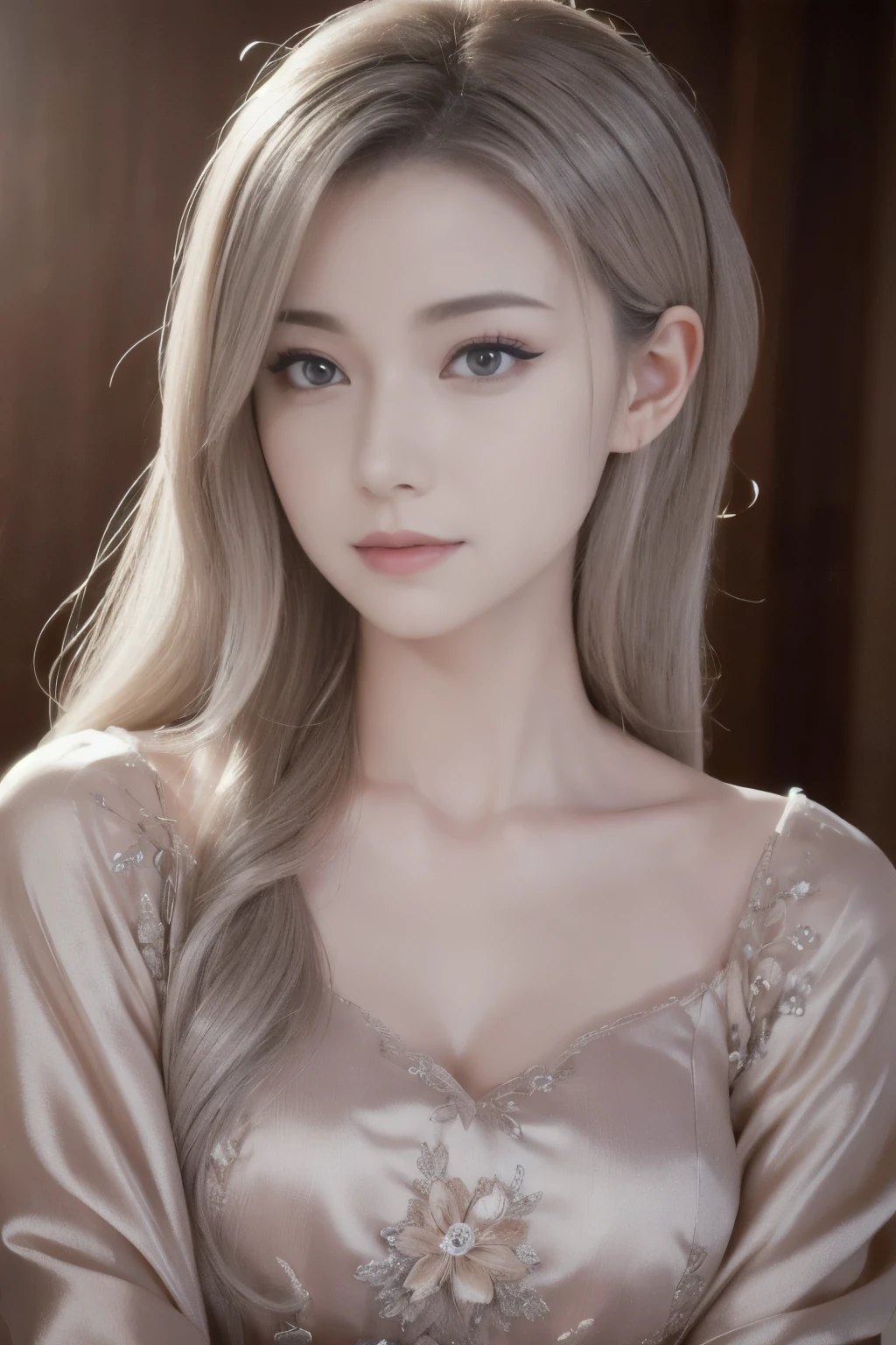 Sana, A beautiful silver-haired woman with a soft face, perfect brown eyes, detailed face, long eyelashes, wearing modest clothes, elegant silk flower background, cinematic photorealistic lighting, dramatic night scene, (best quality,4k,8k,highres,masterpiece:1.2),ultra-detailed,(realistic,photorealistic,photo-realistic:1.37),cinematic,dramatic,moody,warm light