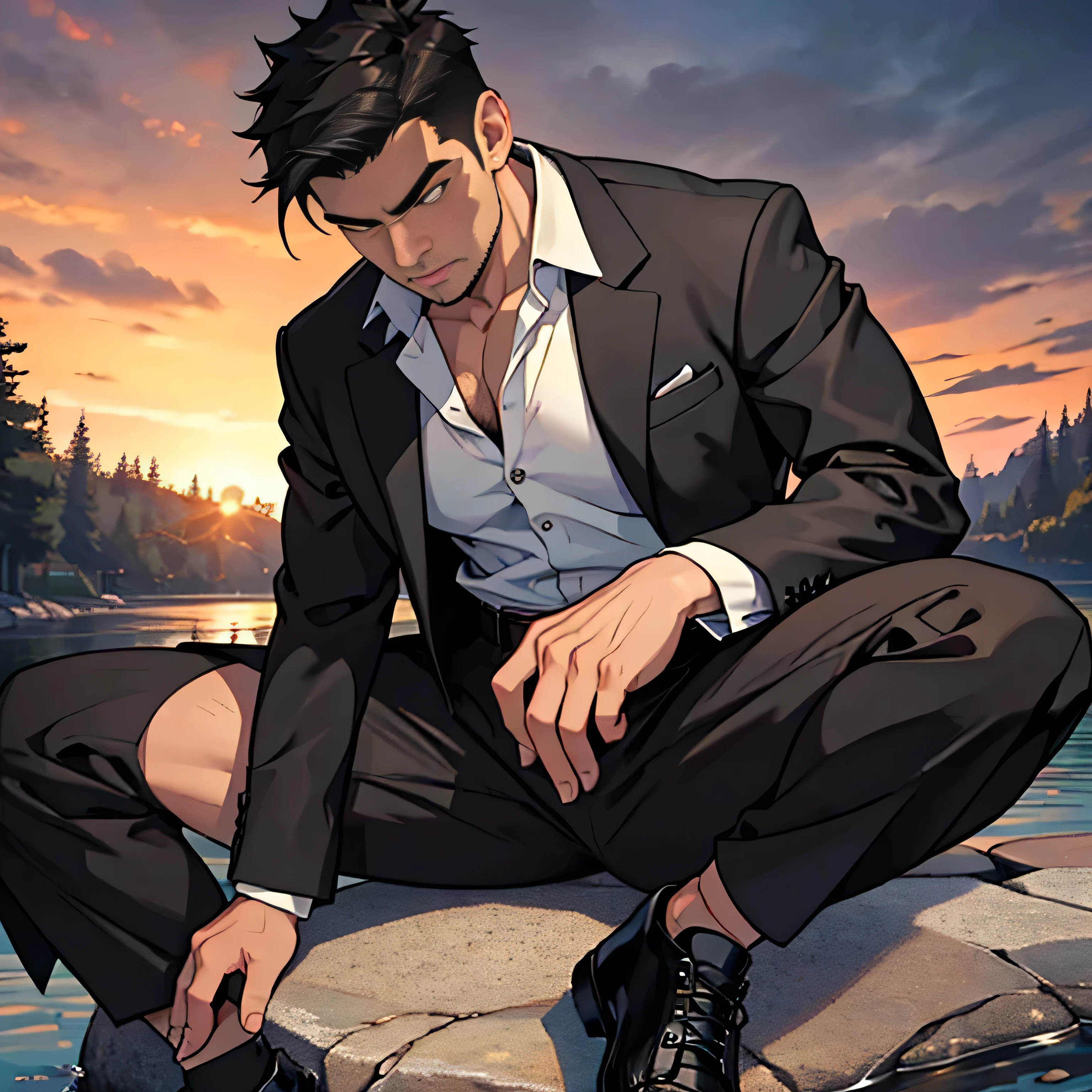 Age 30,father, Simple Black Single Suit , Riverbank、 cm apart ,Spread your legs wider,black belt,Black socks,Black leather shoes,logic, Gay , black hair, Shorthair, thick eyebrows,Stubble, Lightly Set Your Hair with Wax ,Western cutters,Masculine,salaryman,Mob characters,Bad Actor , The crotch part of the pants is bulging,,Menacing look