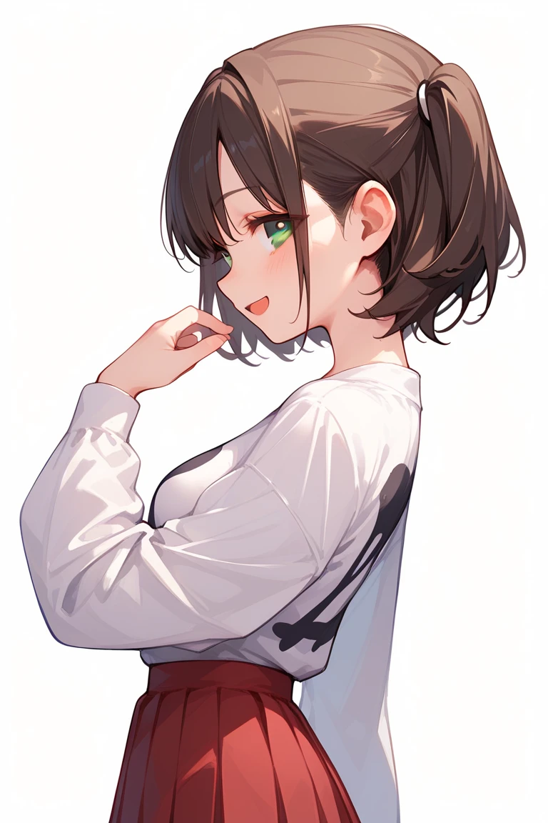 a woman with short brown hair, a black and white outfit, eyes browns