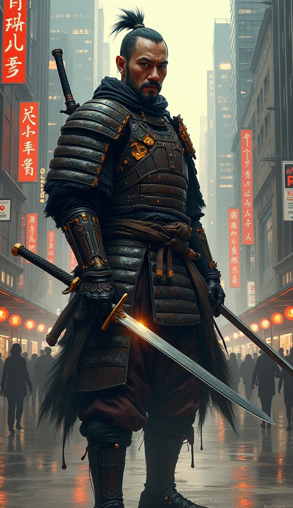 close-up shot photo of the most beautiful artwork in the world featuring a male samurai, (edo era:1.1), wearing multiple layers, (leather armor:1.1), urban tokyo futuristic look, neon lights, night, slow motion, reflections, orange raincoat, intricate detail, nostalgia, high boots, heart professional majestic oil painting by Ed Binkley, Atey Ghailan, Studio Ghibli, by Jeremy Mann, Gregory Manchess, Antonio Moro, trending on ArtStation, trending on CGSociety, Intricate, High Detail, Sharp focus, dramatic, photorealistic painting art by midjourney and greg rutkowski