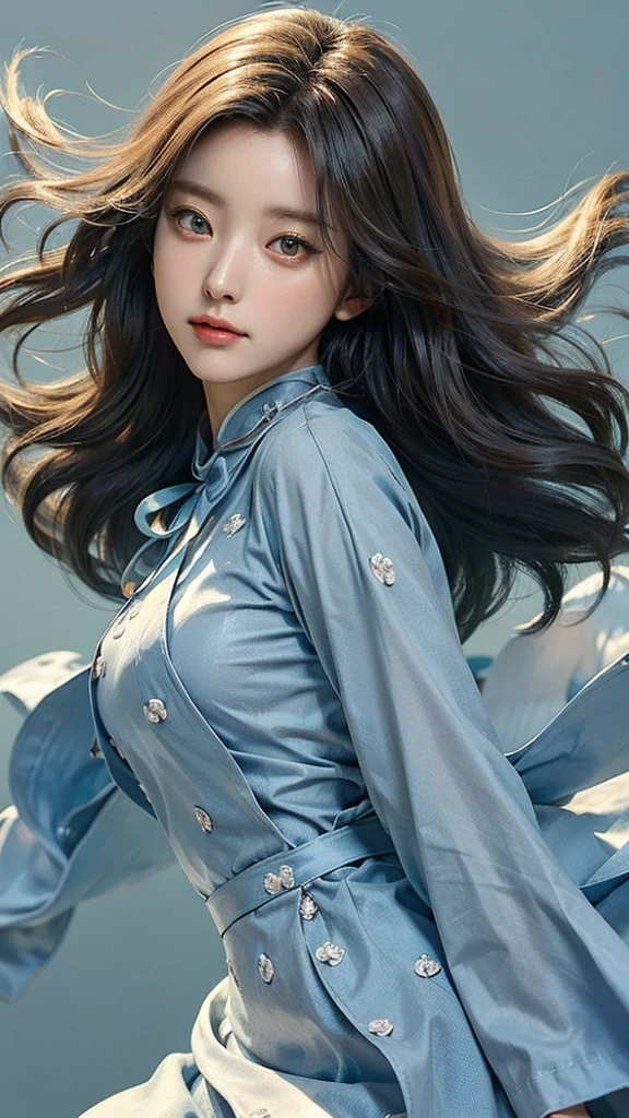 (masterpiece), ( top notch ), ( High Quality Details), (illustration), (1 woman),  look at the viewer and focus on the , (Interview),  beautiful and detailed eyes ,  delicate and beautiful face , Floating , (High saturation), (shining),  blue sky, Bright and beautiful face,  skin is young and radiant , 공정하고 shining, Best appearance , Very beautiful,  big eyes shine with clear sky blue light,  beautiful and amazing beautiful girl, (A gorgeous dress)