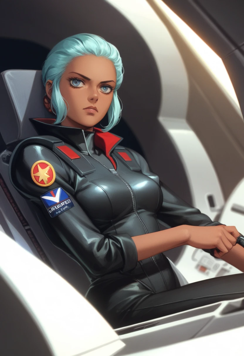 OC, a ace pilot in cockpit view, serious normal woman,black tanned skin,black pilot suit,90’s style.The scene has a dark,war,horror,Gundam style and a realistic tone. Space colony setting in the background
