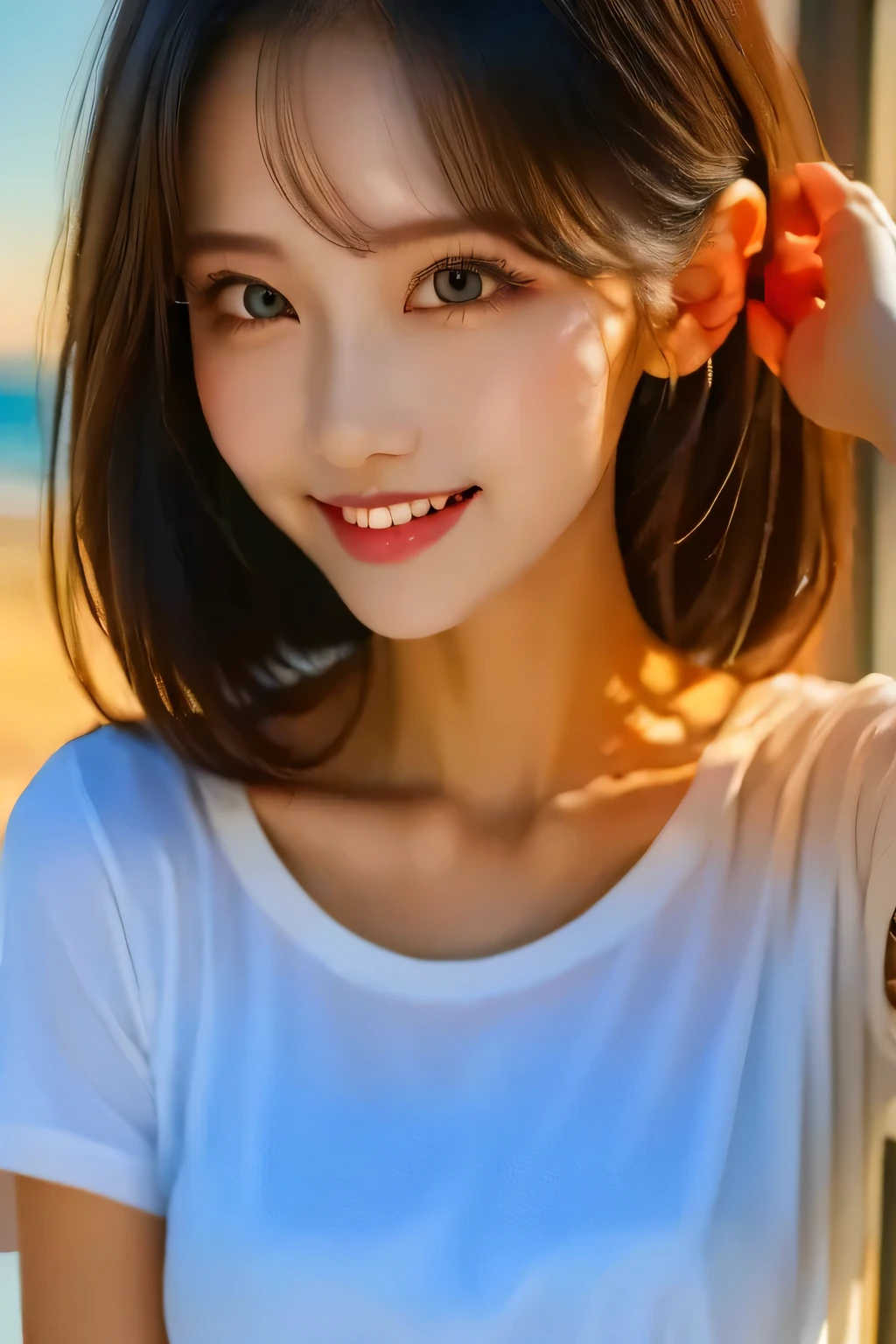 (8k, RAW photograph,  best quality, masterpiece:1.3),(Genuine,photograph:1.37),( stares at the viewer :1.331),( black hair), pose,Beachfront,Morning view, sunrise,Clear sky, 1 girl, very beautiful face , smaller,Put your hands down,Pony Hairstyle,Hair weight, fluffy hair ,Up to the shoulders,  straight hair ,Random Expressions,Smile with the corners of your mouth,Big Eyes,(T-Shirts,Round collar,Short sleeve,Opaque color,Shirt color),(Wear pants), mix 4, without hair accessories, best quality Hair