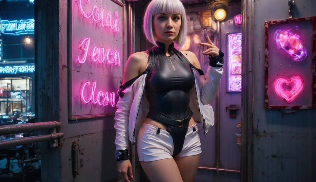 "Ultra high resolution, UHD, Ultra-detailed, hyper-realistic skin texture, high-quality rendering, Photorealistic portrait , lucynova” “choppy bob, asymmetrical pure white hair styled in a layered "Short Pink and blue highlights” **"She is wearing a sleek black leotard with a high neck and sleeveless design, leaving her shoulders and upper arms exposed. The material is a glossy, high-tech synthetic with a leather-like texture, fitting snugly for a futuristic aesthetic. Accenting her outfit is a metallic white jacket with a shiny, reflective finish and a similar leather-like texture, paired with matching white shorts.Her utility belt, made of matte black material with a rugged, utilitarian design, is equipped with small rectangular pouches around the waist. Completing the look are glossy black thigh-high boots that extend to the mid-thigh, creating a seamless, streamlined appearance with minimal gaps between the boots and shorts."** , she is inside a elevator, she is leaning against the wall inside elevator,  nigh time, dark , neon lights 