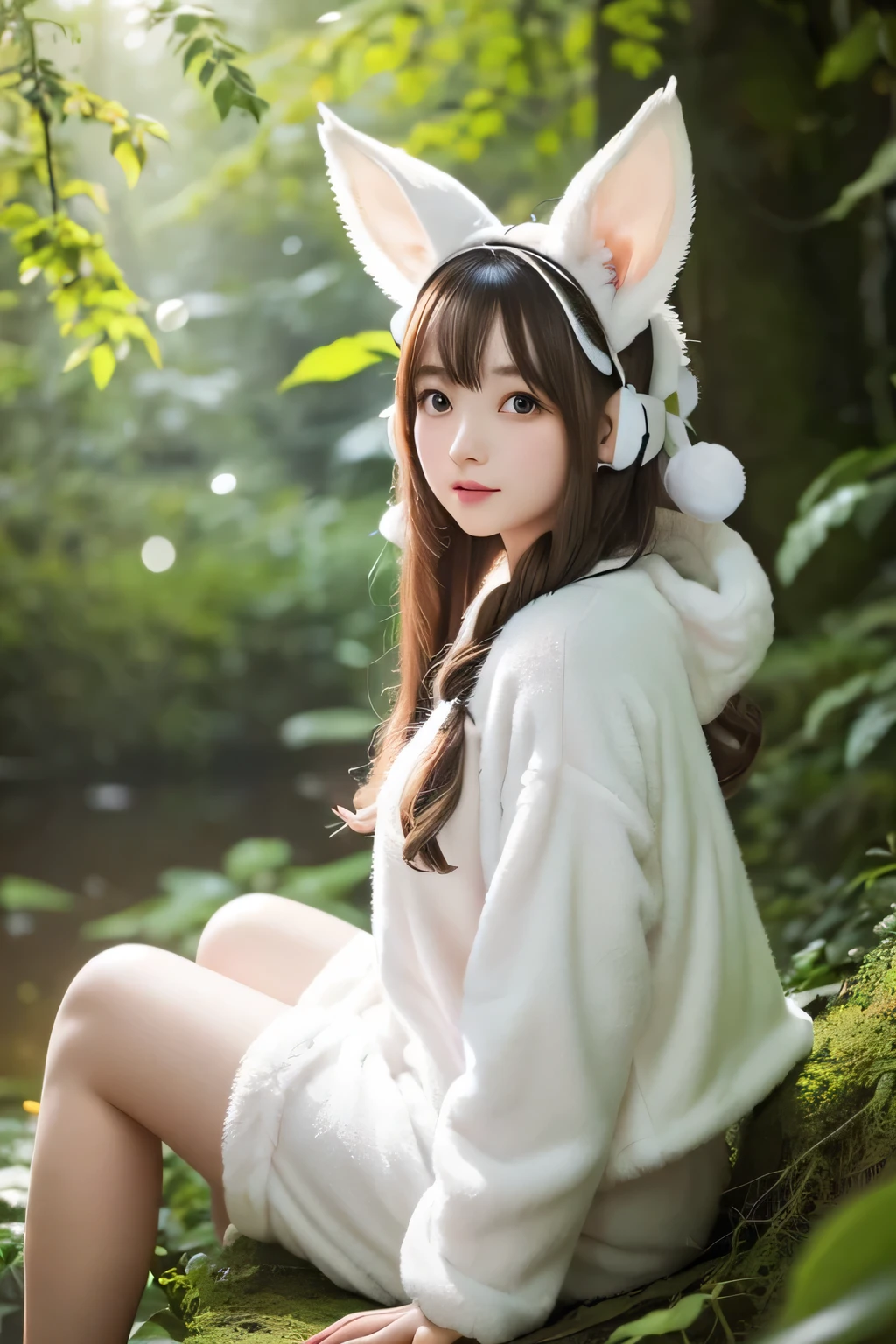  Professional high quality photo , 4K resolution,  captures in realistic detail an attractive girl in fluffy white pajamas with ears and a sparrow tail.   sitting in the middle of an enchanted forest  ,  all elements are perfectly expressed . The texture of pajamas, The ears and tail are sharp、Palpable. The sunlight falls on the leaves、The girl&#39;s face is gently illuminated, Highlights delicate and attractive facial expressions  