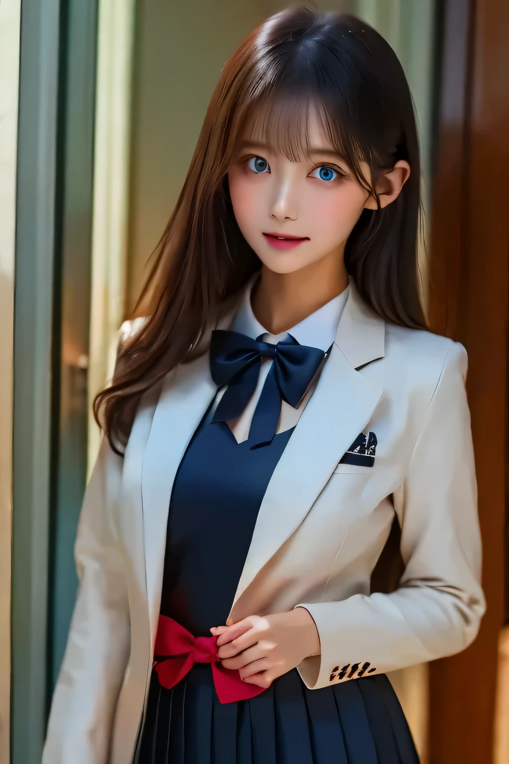 Arya,  1 girl, Alone, Long Hair,  blue eyes, Ahoge, bow,  watching viewers , red bow,  jacket, bowtie,  Long Sleeve , chest,  shirt, open  jacket, red bowtie, door,  COWBOY SHOOTING , collared  shirt, indoors,  school uniform, Gray Hair,  standing, open clothes,  skirt, bangs,  dress, grey  jacket, black  dress, , pleated  skirt,  open lips, medium chest, pleated  dress, white  shirt,  hair between eyes, white  jacket,  raise your hand,  blazer, black  skirt, Thighs, open door, corridor