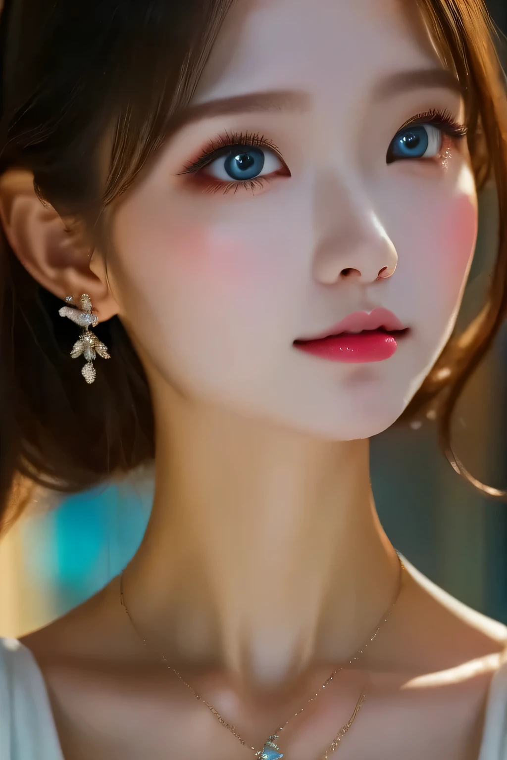 masterpiece,  best quality, Illustration, Sax Blue, Platinum Earrings,  platinum necklace ,  white dress,  1 girl, cute, (Dynamic Lighting:1.2),  cinematic lighting,  delicate facial features,  detail eyes,  sharp pupils, Realistic pupil,  depth of field, Bokeh,  sharp concentration, ( HYPER DETAILS , bloom, Shine:1.4),  lots of small jewels 