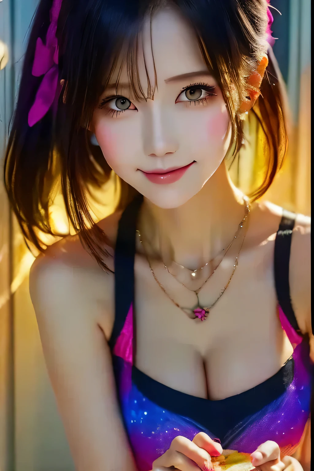 a close up of a woman with  colorful  hair and a necklace,  anime girl with space hair , rossdraws Pastel Vivid, artwork in the style of Gwaiz,  fantasy art style holding a sandwich,  colorful ]”,  Brilliant Fantasy Style , Ross Draws cartoon vivid , cosmic and  colorful , Gwaiz,  colorful l digital fantasy art,  amazing art style ,  extra 