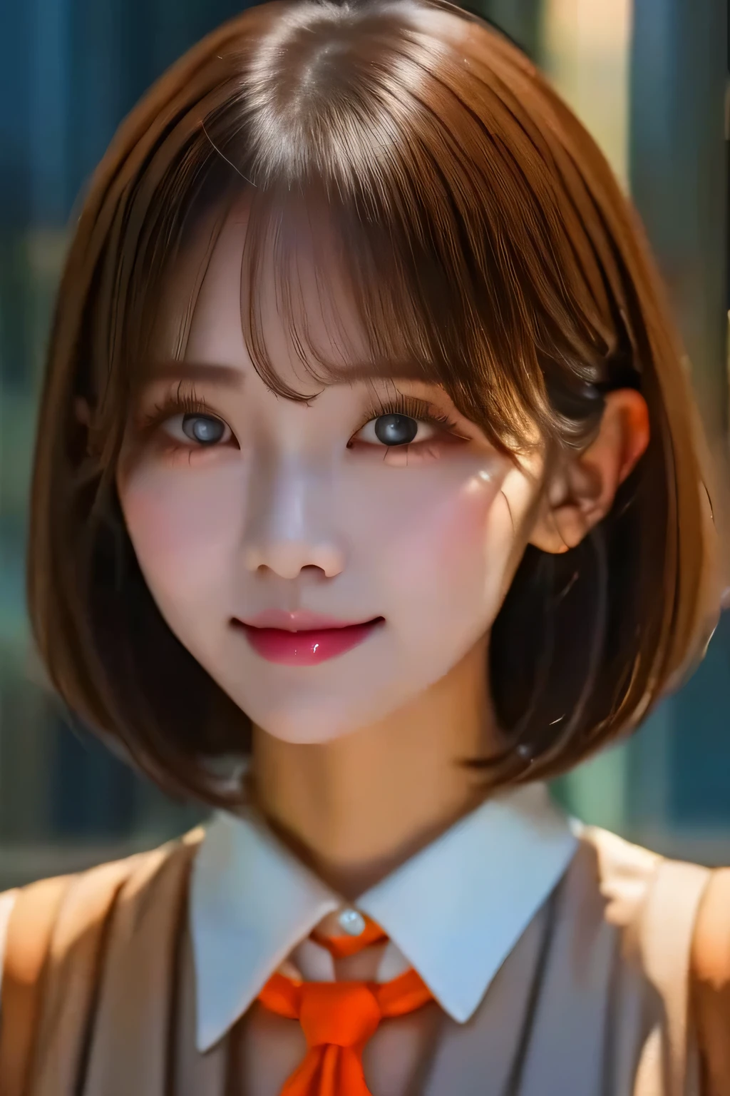 Curly Bob Cut,  platinum-haired woman wearing an orange collared shirt is posing for a photo in the city,  8k artgerm bokeh ,  well-balanced body , 美しい Korean woman ,  gorgeous necklace ,   stock photo  ,  soft portrait shot 8K ,  Korean Girl , Double eyelids and narrow eyes, Beautiful grey-eyed , Trans8K,  cute young woman,  Korean woman ,   beautiful blonde girl wearing nun clothes