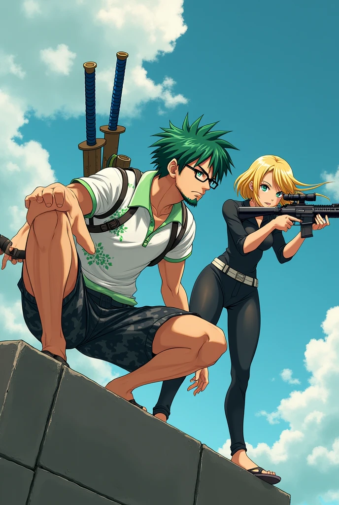 Male , Missy short hair green color ,white polo with green flowers ,have red eyes, gray small facial hair in the chin ,wearing flipflop, black short gray camo, eye glasses,dual katana blue handle on his back. Female sexy agent ,blonde hair,shoes,green eye,holding rifle. Crouching and standing in the tower , partner in crime,anime