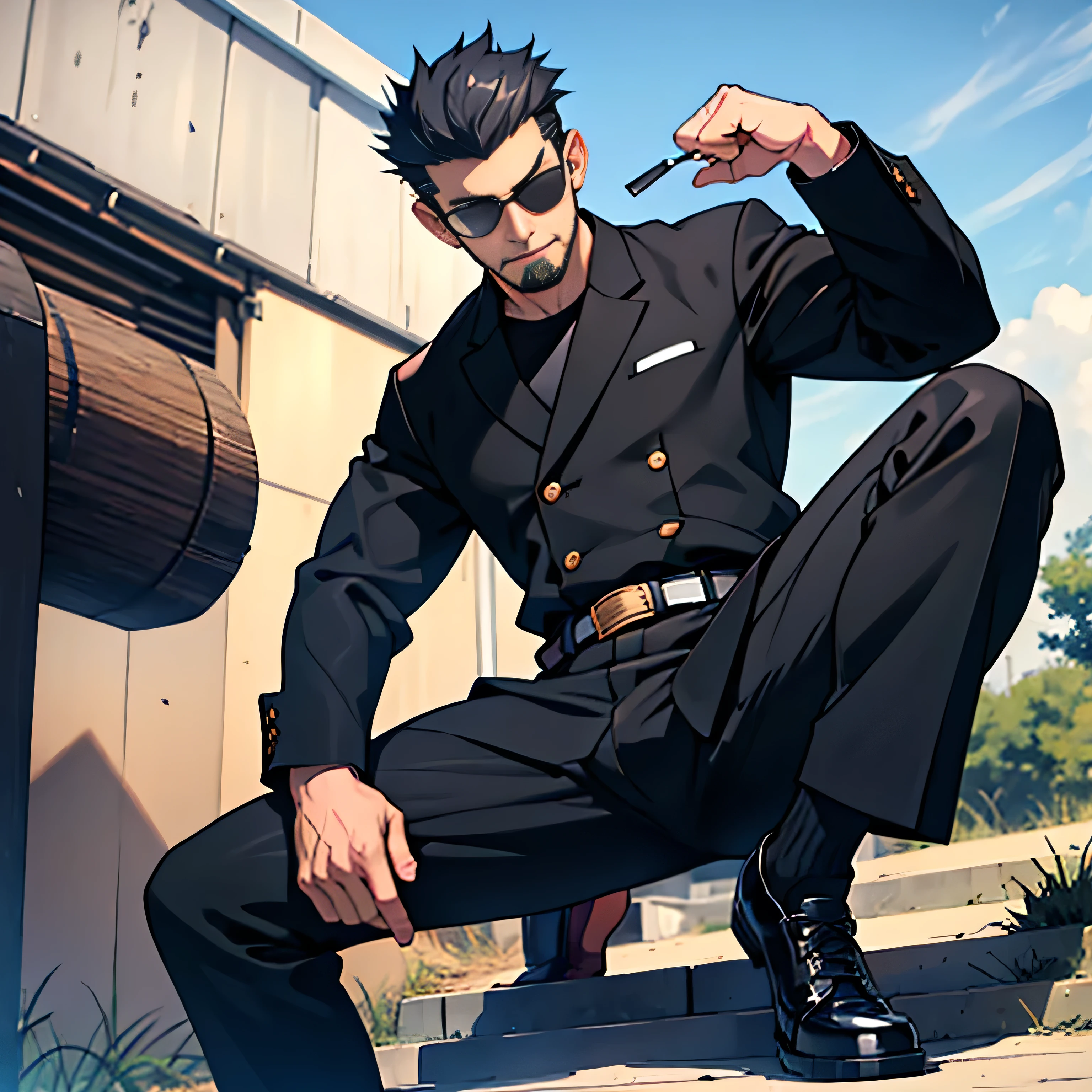 Age 30,father, Simple Black Single Suit , Riverbank、 cm apart ,Spread your legs wider,black belt,Black socks,Black leather shoes,logic, Gay , black hair, Shorthair, thick eyebrows,Stubble, Lightly Set Your Hair with Wax ,Kakuryu Takeru,Masculine,salaryman,Mob characters,Bad Actor , The crotch part of the pants is bulging. black sunglasses that don't depict me