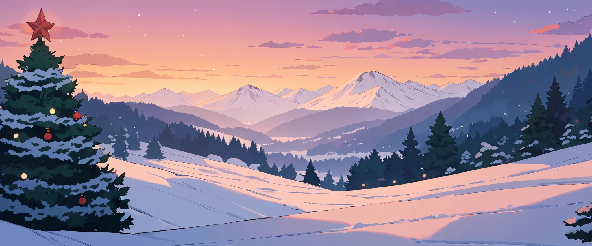 Christmas vibes ultrawide ,cozy ,lofi ,landscape ,forest ,mountain
