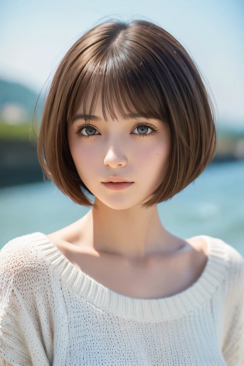 Short hair and white Summer knitwear, Summer knitwear,  Shorthair,  Shorthair with bangs, A girl with a cute face, Portrait cute beautiful face, French Bob,  white skin!!, Short brown hair and big eyes,  soft portrait shot 8K , ç¾ ão çãçu å²ã® å¶ ããàç® ,  beautiful young girl, Young girl with bob cut,  High Quality, masterpiece, Leonardo da Vinci's notes , With Leonardo da Vinci&#39;s manuscripts in the background