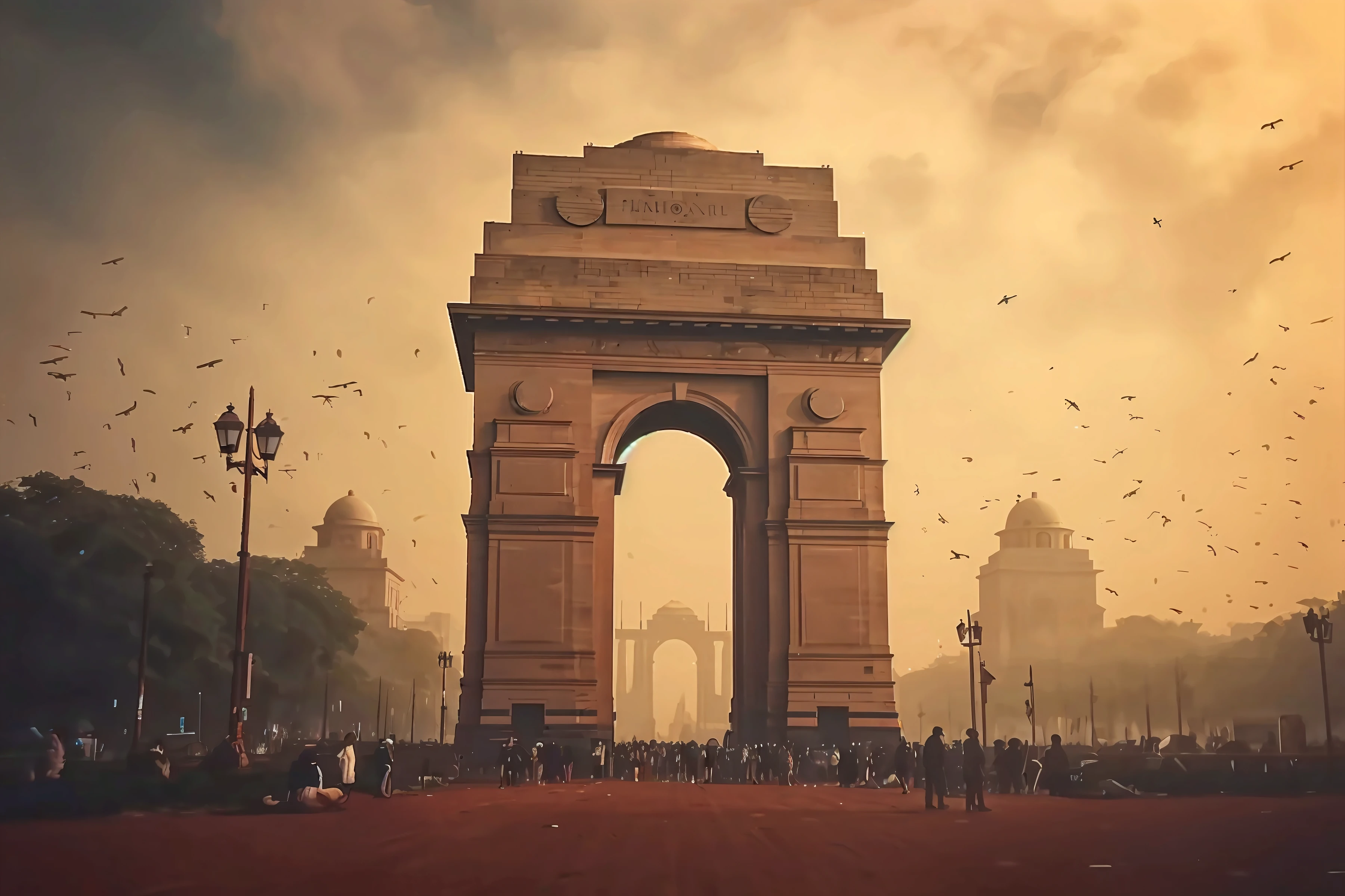 arafed view of a monument with a clock tower in the background, beautiful futuristic new delhi, indiecraft aesthetic, india, tourist destination, 🚿🗝📝, in a city with a rich history, giant majestic archways, very beautiful photo, massive arch, by Mario Dubsky, accurate depiction, monuments, by Bernardino Mei, arch, trendy