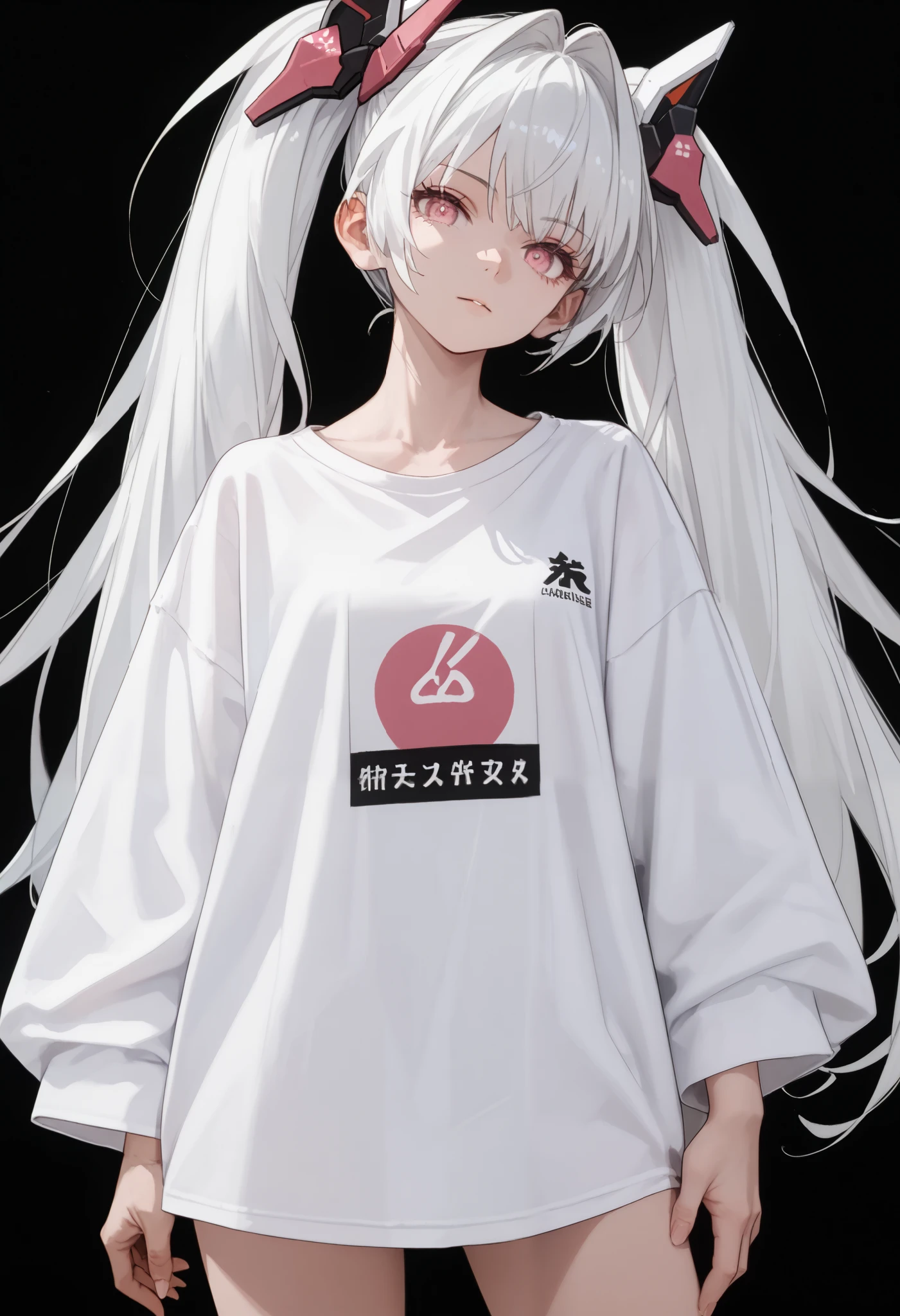 masterpiece, 1girl, anime, pink eyes, white hair, long hair, twintails, headgear, white shirt, oversized shirt, hand on hip, looking at viewer, head tilt, black background, score_9, score_8_up, score_7_up, unaestheticXL_Sky3.1