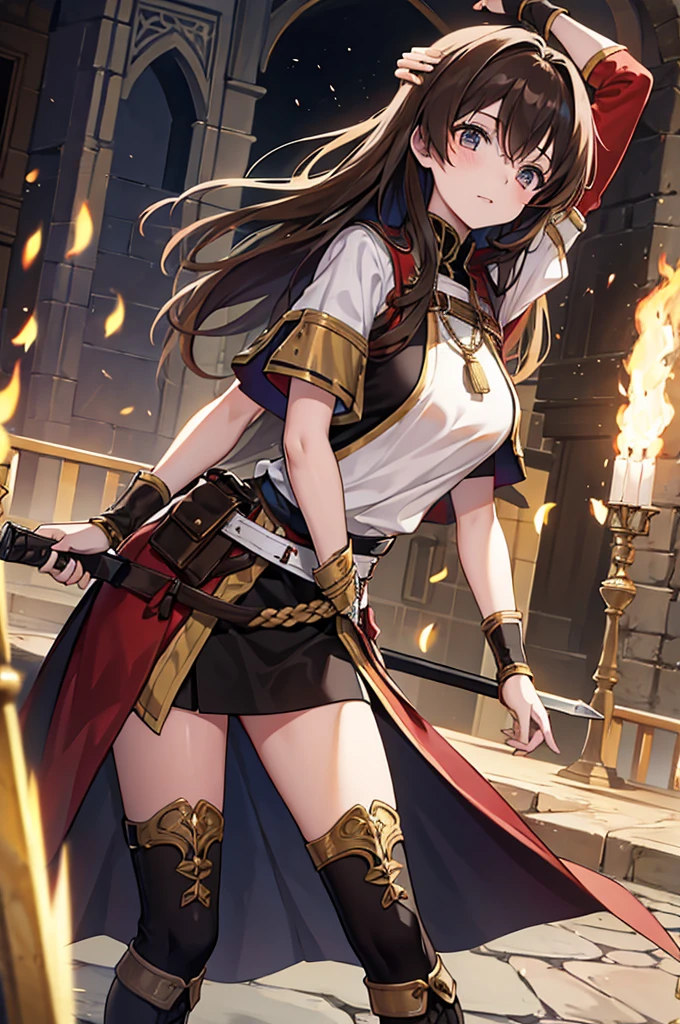 (drooping eyes, sleepy face, angle from below, realistic skin), long thick braid, open legs, casual-dress, outside mountain, (medieval kingdom, long white robe with gold trim), ((dark hour of dawn)), (straddling to hit her crotch on the the stone monument and wizard's cane for masturbation), panties, tiny earrings, 