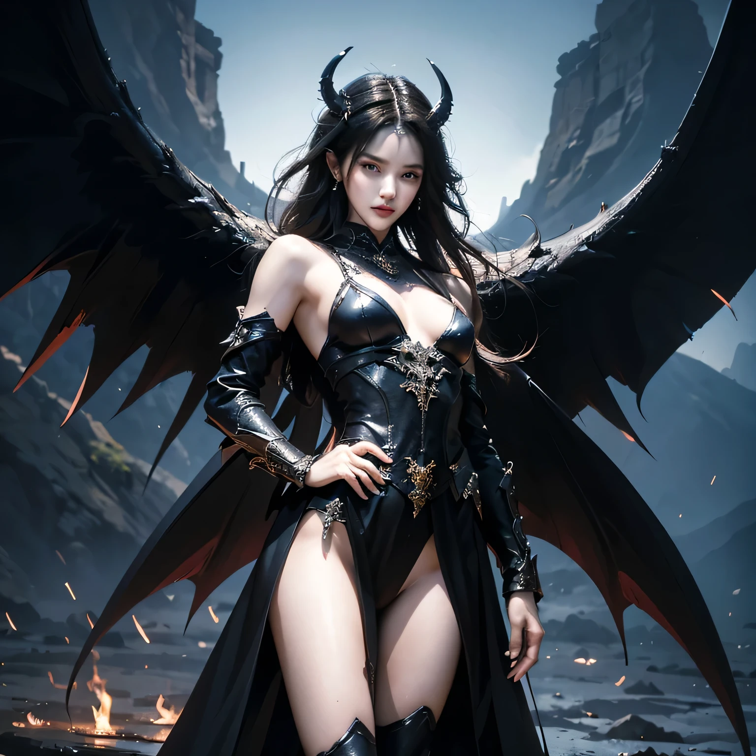 subject：full body picture of couple, The lost god, Demon Lord Wings, Sky battle of devils, (Realistic picture, high resolutionสุด, 16K), (A demon god with wide wings and enormous power on his shoulders..., Twelve wings on the shoulders., black bat wings:1. long hair, Thick hair, Two meters long, floor length, (สาวสวยlong hairสองเมตร, shiny black hair, Smooth white skin, very red lips), ((stand, already)), (หน้าอกbig, หัวbig ), (gigantic breast, small waist, hips raised, small thighs, Long legs), (dynamic poses), (devil wings), floating in the air above the ground, background darkness, Embraced with twelve wings, ปีกSeparate themeชัดเจน, Angel wings and devil wings, white and black wings, ทรงสวมมงกุฏขนาดbig, The busiest breasts, big , Porn, just, exposed body, tight, All smooth., see the whole body, full body image, War of Gods Demons, devil,  Hell, Makanime Battle, black bat wings, Hell fire mountain background, surounding by big big fire flames, horibly thunder storm and red skyเกิดขึ้นอย่างรวดเร็ว, "(best quality, 4K, 8ก, high resolution, Masterpiece:1.2), very detailed, (realism, fotorrealism, fotorrealism:1.37),  [illustration], [dynamic elements], [Fantasy], [การต่อสู้ครั้งยิ่งbig], [strong emotions], [hot atmosphere], [Colossal force], Portrait, terrain, Sharp focus, physical representation, professional, bright colors, Bokeh, Saturated tones, [incredible light]"