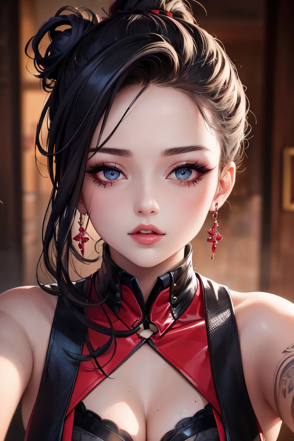 4K, A high resolution, Best quality at best, masterpiece, perfect colors, perfect shadow, perfect litthing, ((sportrait)), 1woman, fit body, heterochromia eyes,dark blue hair , blue eyes, With round lenses, The audience watched carefully, (s face: 1.2), Perfect female figure, ((dynamic pose)), ((read and whitek Tight crop top red and white leather suit)), ((shy and looking at viewert)), (Perfect thick white eyebrows) Delicate fur, 详细s face, s the perfect face, , (dynamic pose), big breast, open half breast, abstract cyberpunk background