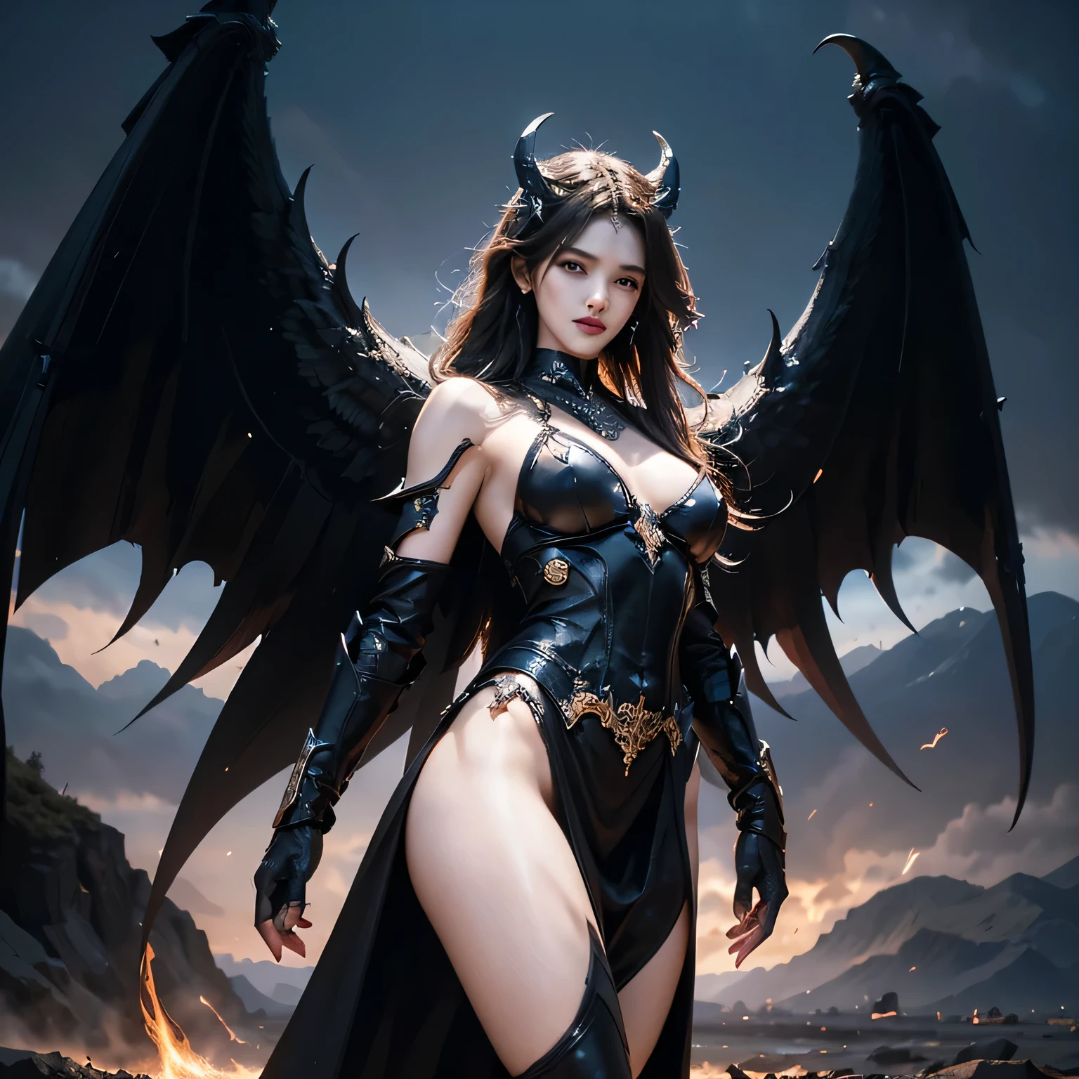 subject：full body picture of couple, The lost god, Demon Lord Wings, Sky battle of devils, (Realistic picture, high resolutionสุด, 16K), (A demon god with wide wings and enormous power on his shoulders..., Twelve wings on the shoulders., black bat wings:1. long hair, Thick hair, Two meters long, floor length, (สาวสวยlong hairสองเมตร, shiny black hair, Smooth white skin, very red lips), ((stand, already)), (หน้าอกbig, หัวbig ), (gigantic breast, small waist, hips raised, small thighs, Long legs), (dynamic poses), (devil wings), floating in the air above the ground, background darkness, Embraced with twelve wings, ปีกSeparate themeชัดเจน, Angel wings and devil wings, white and black wings, ทรงสวมมงกุฏขนาดbig, The busiest breasts, big , Porn, just, exposed body, tight, All smooth., see the whole body, full body image, War of Gods Demons, devil,  Hell, Makanime Battle, black bat wings, Hell fire mountain background, surounding by big big fire flames, horibly thunder storm and red skyเกิดขึ้นอย่างรวดเร็ว, "(best quality, 4K, 8ก, high resolution, Masterpiece:1.2), very detailed, (realism, fotorrealism, fotorrealism:1.37),  [illustration], [dynamic elements], [Fantasy], [การต่อสู้ครั้งยิ่งbig], [strong emotions], [hot atmosphere], [Colossal force], Portrait, terrain, Sharp focus, physical representation, professional, bright colors, Bokeh, Saturated tones, [incredible light]"