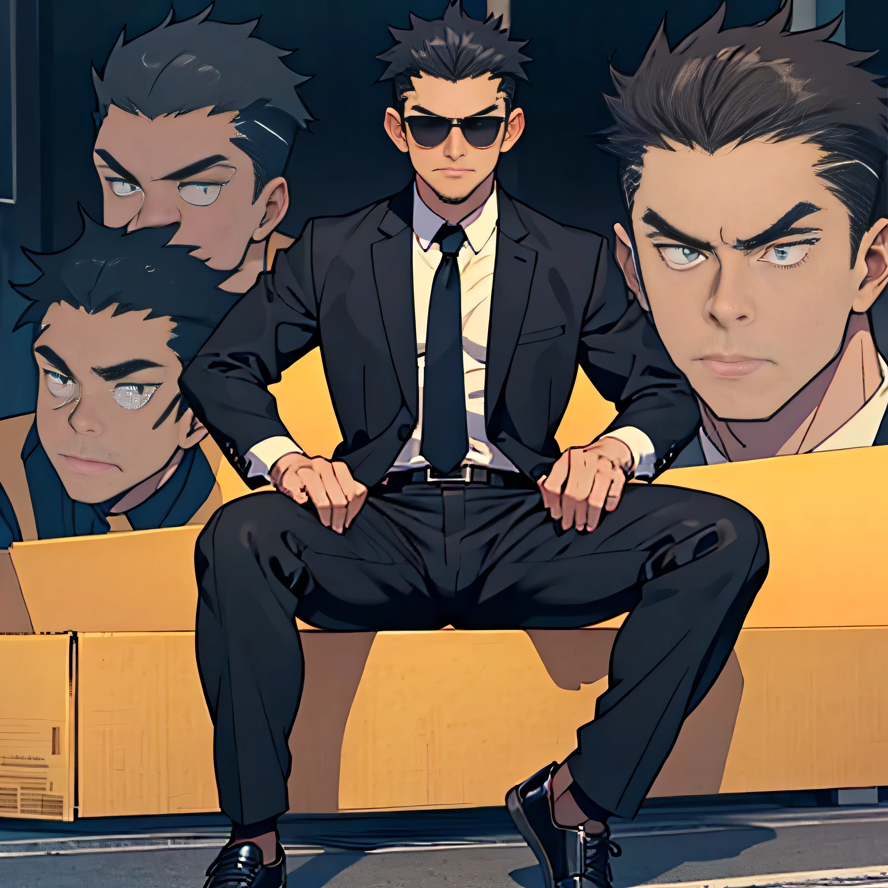 Age 30, Simple Black Single Suit , Riverbank、 cm apart ,Spread your legs wider,black belt,Black socks,Black leather shoes,logic, Gay , black hair, Shorthair, thick eyebrows,Stubble, Lightly Set Your Hair with Wax ,Kakuryu Takeru,Masculine,salaryman,Mob characters,Bad Actor , The crotch part of the pants is bulging. black sunglasses that don't depict me　 looking at camera