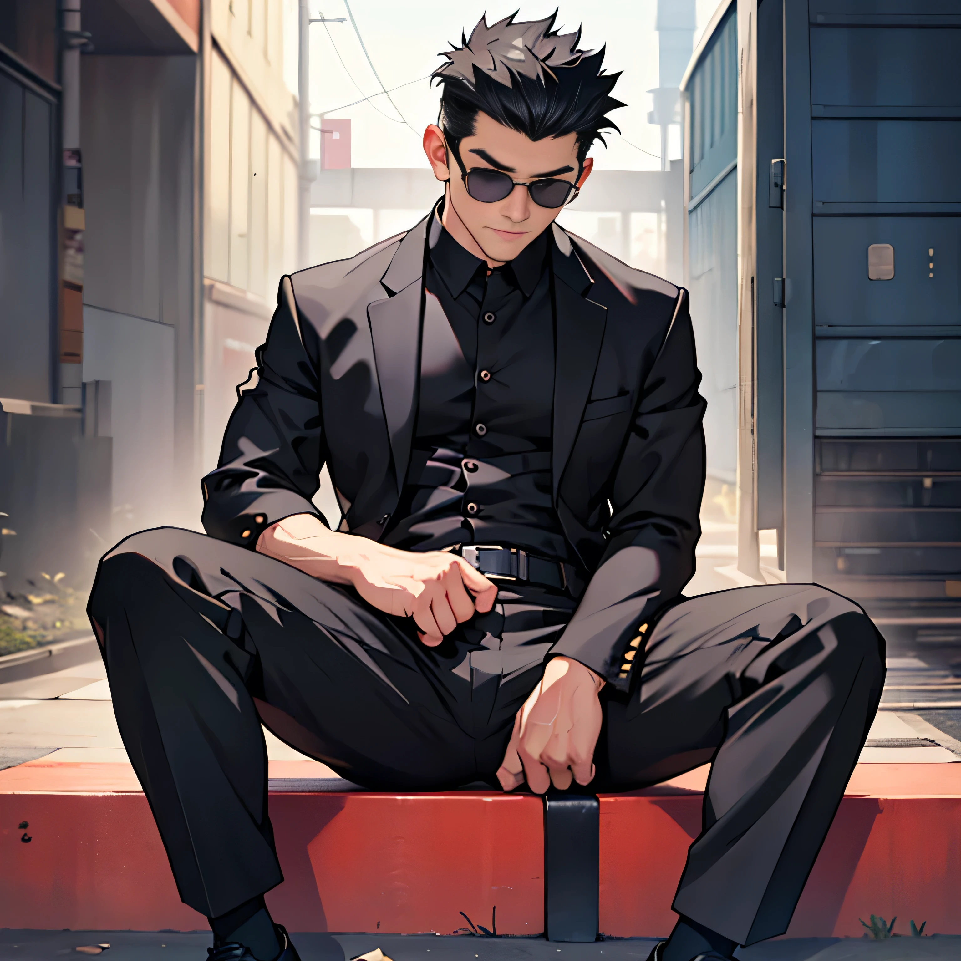 Age 30, Simple Black Single Suit , Riverbank、 cm apart ,Spread your legs wider,black belt,Black socks,Black leather shoes,logic, Gay , black hair, Shorthair, thick eyebrows,Stubble, Lightly Set Your Hair with Wax ,Kakuryu Takeru,Masculine,salaryman,Mob characters,Bad Actor , The crotch part of the pants is bulging. black sunglasses that don't depict me　 looking at camera