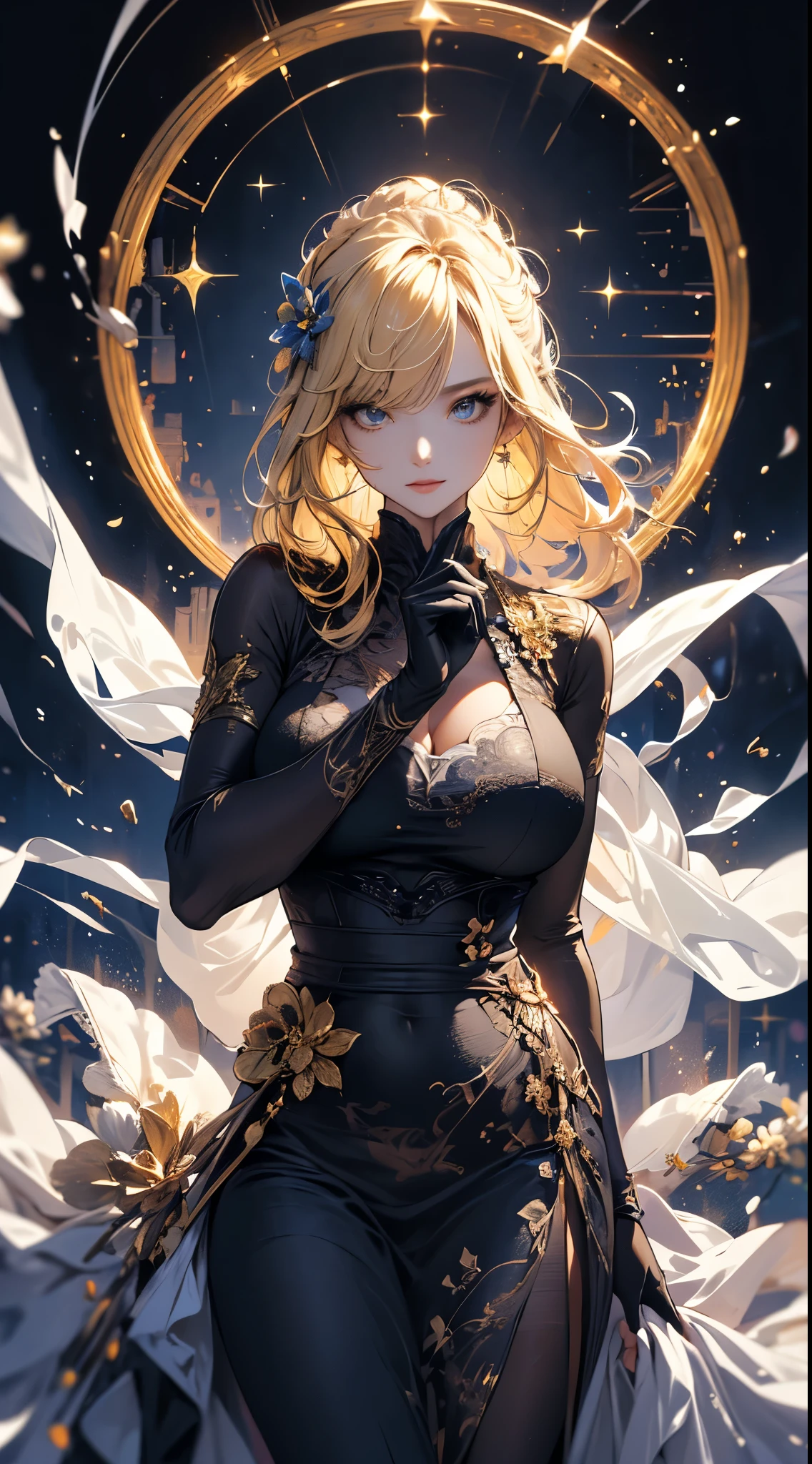 masterpiece, high quality, 4K, Beautiful design, silhouette,Blonde, Highly Detailed Starry Sky at Night,Flower Field, wonderful, Finer details, Very knowledgeable woman, Highly detailed solo, 1 female,Big Breasts,Tight Dress,Night view,Starry Sky,full moon,