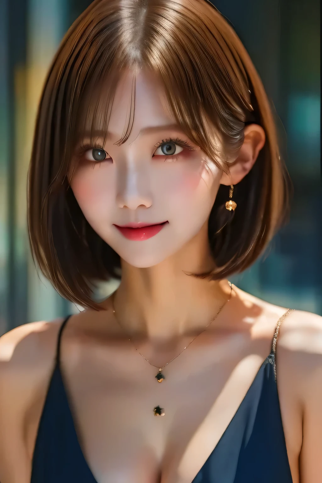 Curly Bob Cut,  platinum-haired woman wearing an orange collared shirt is posing for a photo in the city,  8k artgerm bokeh ,  well-balanced body , 美しい Korean woman ,  gorgeous necklace ,   stock photo  ,  soft portrait shot 8K ,  Korean Girl , Double eyelids and narrow eyes, Beautiful grey-eyed , Trans8K,  cute young woman,  Korean woman ,   beautiful blonde girl wearing nun clothes