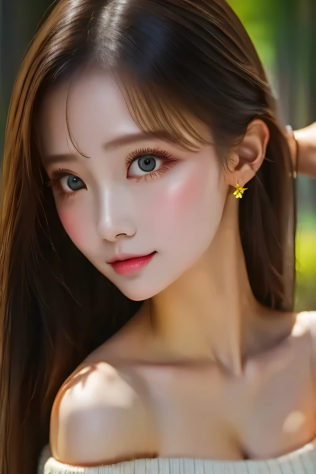 masterpiece,  best quality,  ultra high resolution,  Fluorescent colors of color  ,,  1 girl,  the audience,  Facial beauty,   beautiful eyes , ( off-shoulder : 1.2), Lift your head,  upper body, forest,  shiny hair, shiny skin, Shining Cut, Chibi, Finger ratio coordination