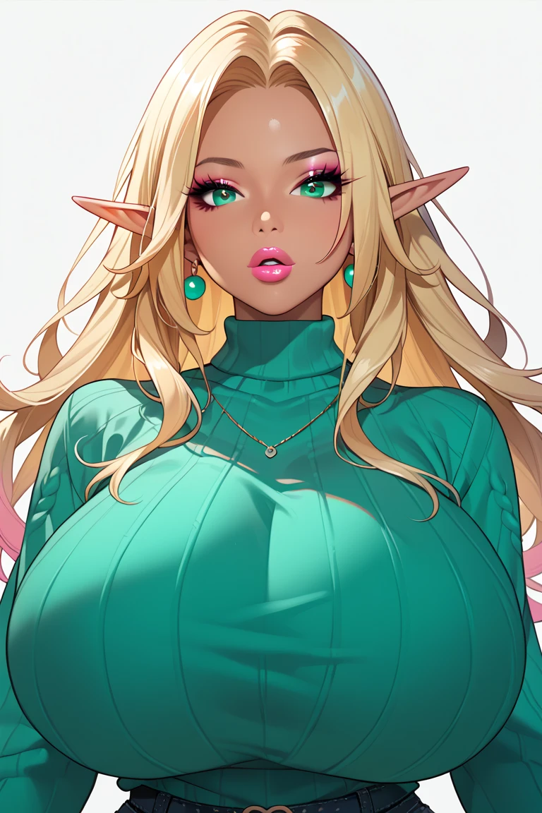 
score_9, score_8_up, score_7_up, 1girl,solo, upper body,looking at viewer, white background, voluminous long blonde hair, elf, makeup , parted lips, lipstick, eyeliner, bimbo, gyaru woman, gigantic breasts, sweater, mint green eyes