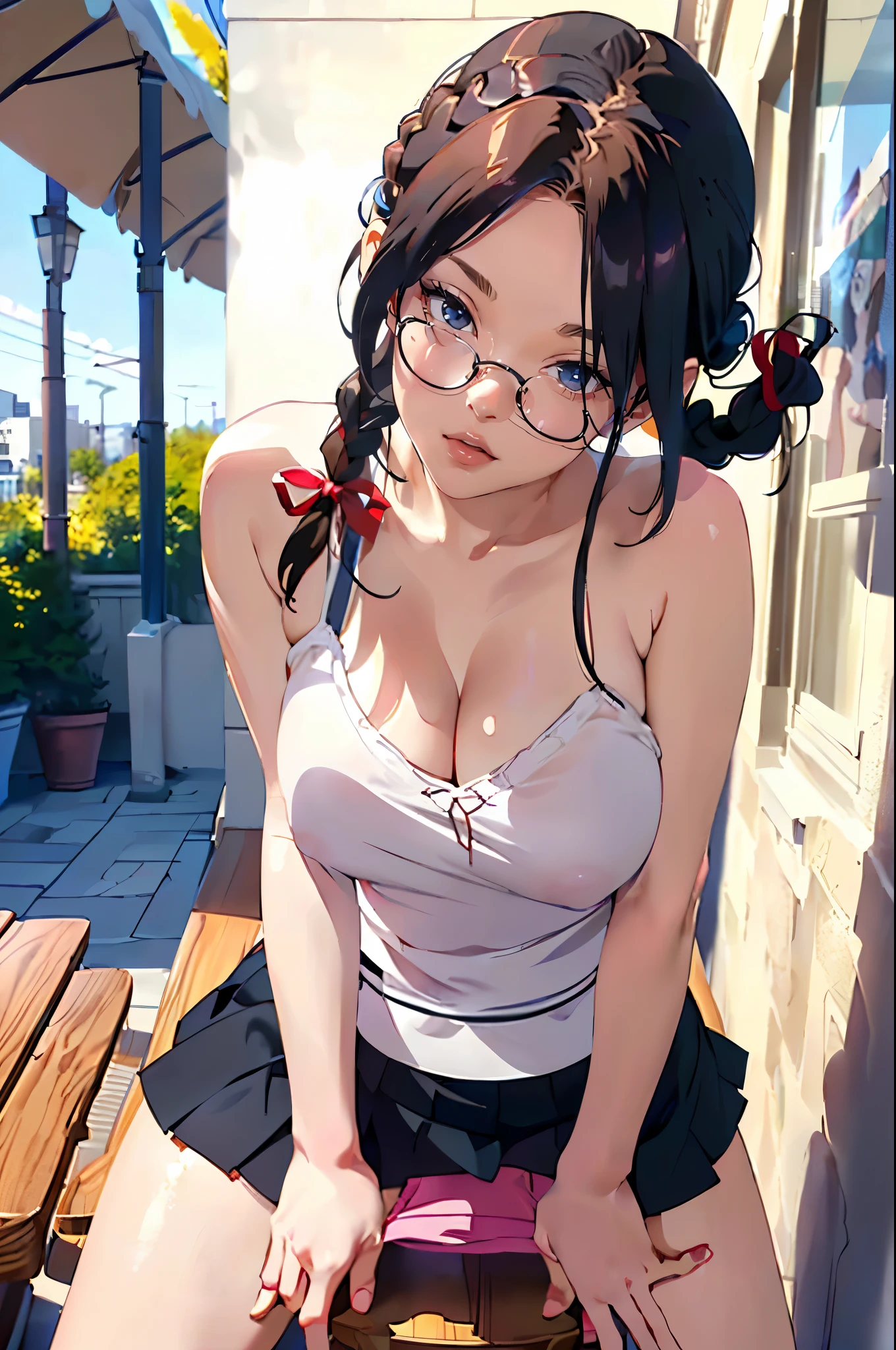 (depicting a single moment from a anime for adults), ((braid, glasses, pleated skirt, ribbon, round face, eyes with realistic sizing, drooping eyes, blush, shame smile, thin lips, spread legs)), (((standing and straddling to hit her crotch against the corner of the table for self pleasure))), open mouth, (outside, on the sidewalk, terrace table),