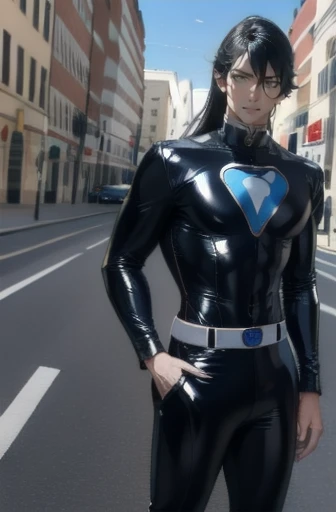 Handsome and cool guy in latex superhero costume,  teenager , Long Hair,  beautiful skin 