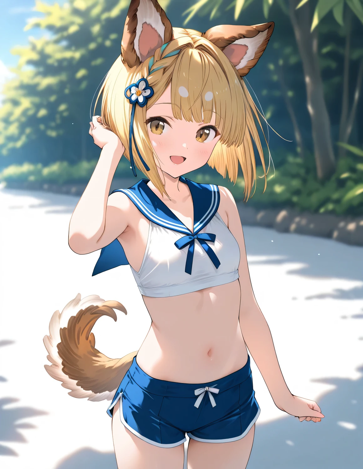 1girl, vajra_(granblue_fantasy), little female, short hair, blonde hair, dog ears, brown eyes, beautiful detailed eyes, small breasts,sailor crop top, bikini shorts, open mouth,  outdoors, wind, game CG break,((artist:shida_kazuhiro)),(artist:mitsumi_misato),(artist:fujiyama),,(masterpiece), (best quality), (ultra-detailed), very aesthetic, newest, beauty illustration,super detailed skin,  (masterpiece), (best quality), (ultra-detailed), very aesthetic lighting,hi res,absurd_res,2023,2024,(shaded),digital media (artwork), realistic lighting, 4k, 8k,