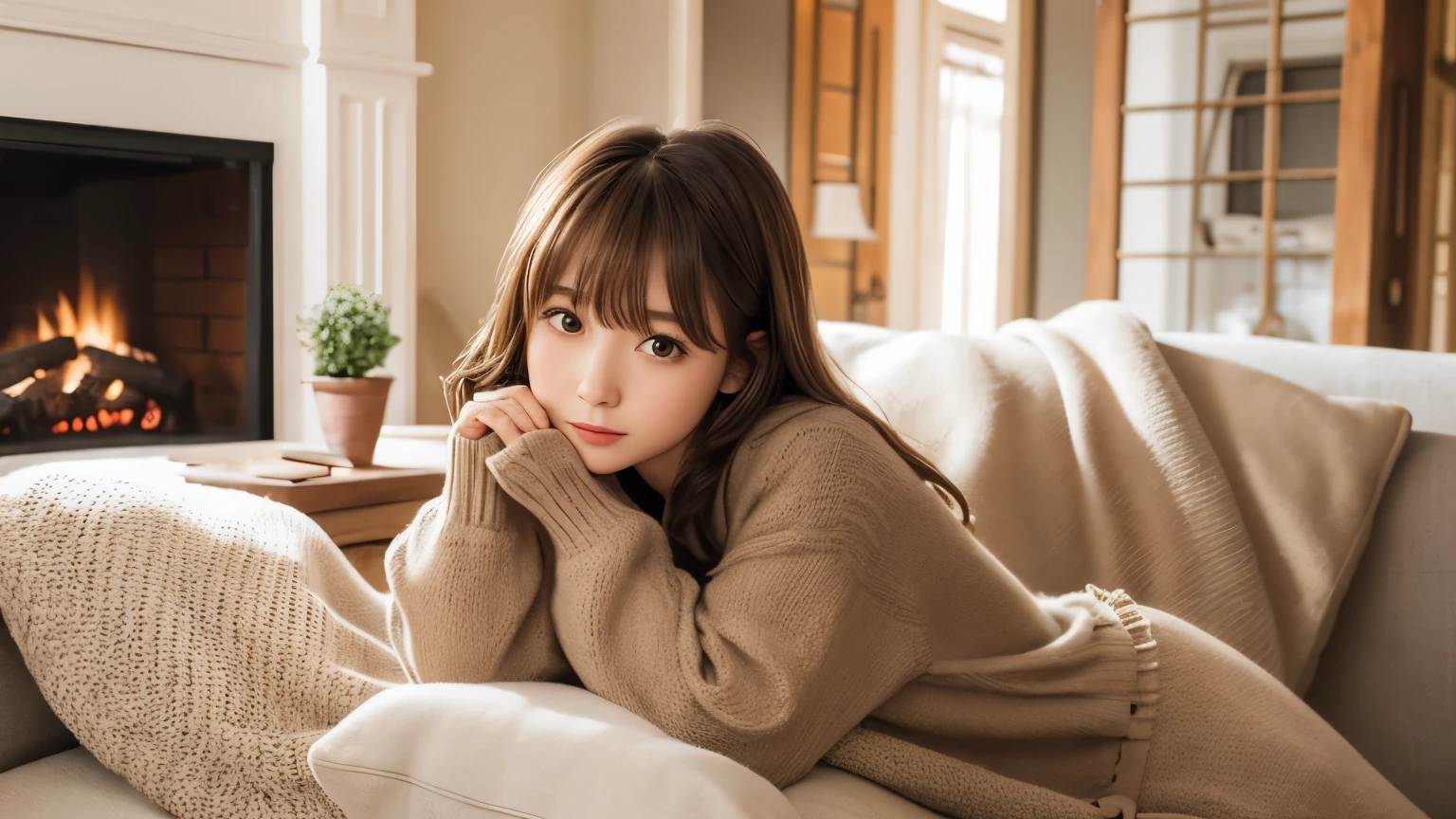 One girl sitting on a cozy sofa, Soft light, Detailed skin, (Long bangs:1,2), (Medium bust:1.0), (realphoto:1.4), (Best Quality: 1.0 ), (Ultra High Resolution:1.0), 8K, raw picture, (masutepiece:0.2), (PurerosFace_v1:0.5)