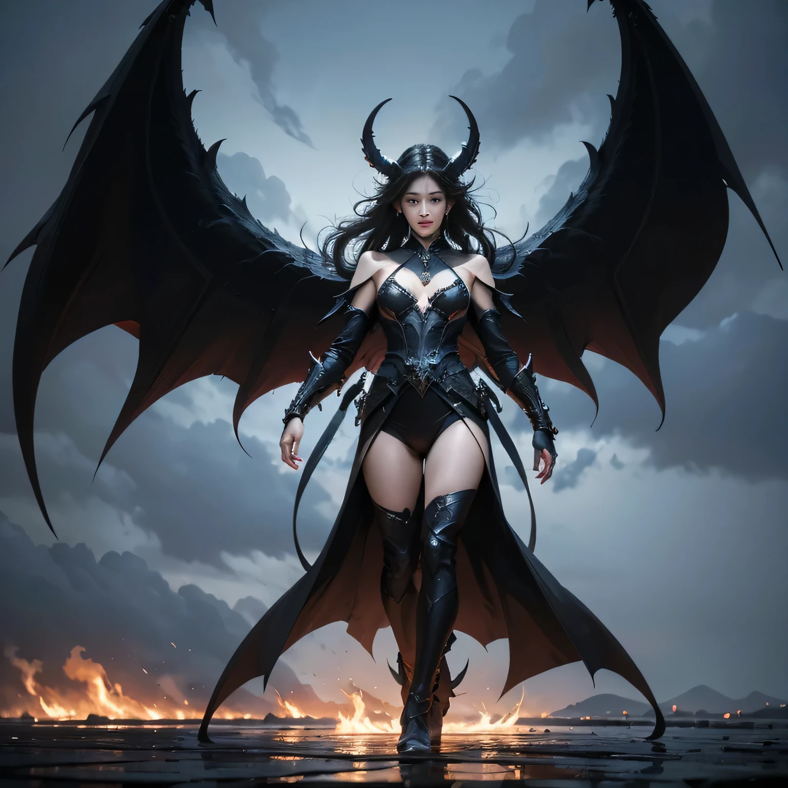 subject：full body picture of couple, The lost god, Demon Lord Wings, Sky battle of devils, (Realistic picture, high resolutionสุด, 16K), (A demon god with wide wings and enormous power on his shoulders..., Twelve wings on the shoulders., black bat wings:1. long hair, Thick hair, Two meters long, floor length, (สาวสวยlong hairสองเมตร, shiny black hair, Smooth white skin, very red lips), ((stand, already)), (หน้าอกbig, หัวbig ), (gigantic breast, small waist, hips raised, small thighs, Long legs), (dynamic poses), (devil wings), floating in the air above the ground, background darkness, Embraced with twelve wings, ปีกSeparate themeชัดเจน, Angel wings and devil wings, white and black wings, ทรงสวมมงกุฏขนาดbig, The busiest breasts, big , Porn, just, exposed body, tight, All smooth., see the whole body, full body image, War of Gods Demons, devil,  Hell, Makanime Battle, black bat wings, background, surounding by big big hell fire flames, horibly thunder storm and red skyเกิดขึ้นอย่างรวดเร็ว, "(best quality, 4K, 8ก, high resolution, Masterpiece:1.2), very detailed, (realism, fotorrealism, fotorrealism:1.37),  [illustration], [dynamic elements], [Fantasy], [การต่อสู้ครั้งยิ่งbig], [strong emotions], [hot atmosphere], [Colossal force], [huge hell fire flames}, Portrait, terrain, Sharp focus, physical representation, professional, bright colors, Bokeh, Saturated tones, [incredible light]"