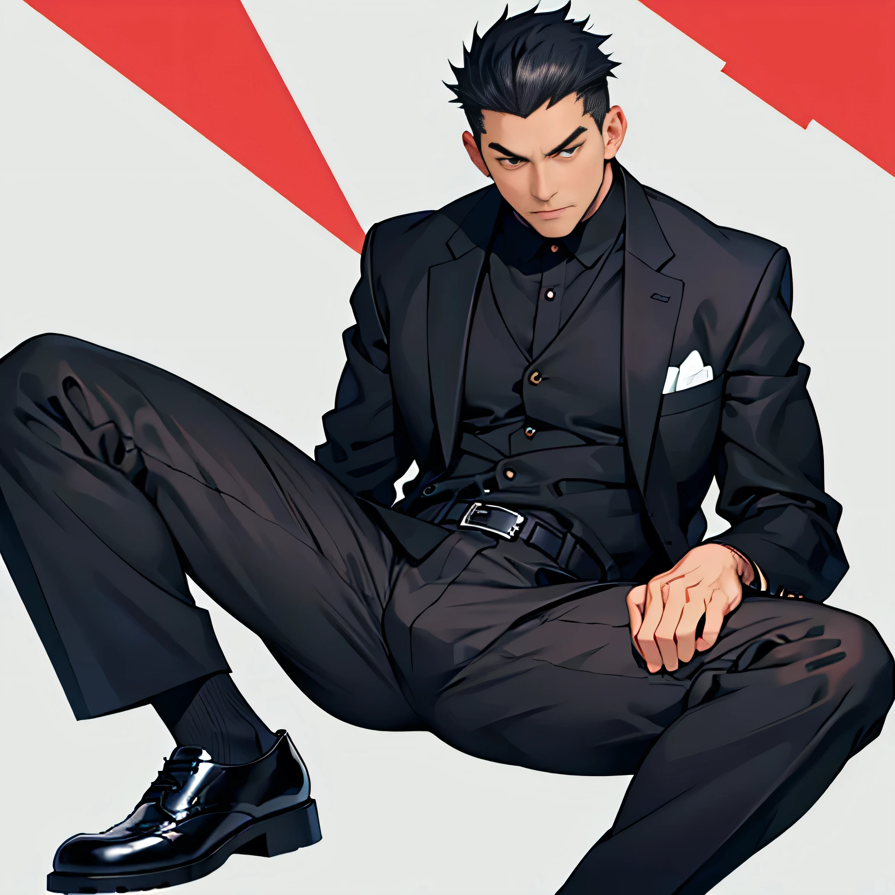 Age 30,father, Simple Black Single Suit , Riverbank、 cm apart ,Spread your legs wider,black belt,Black socks,Black leather shoes,logic, Gay , black hair, Shorthair, thick eyebrows,Stubble, Lightly Set Your Hair with Wax ,Kakuryu Takeru,Masculine,salaryman,Mob characters,Bad Actor , The crotch part of the pants is bulging,,Menacing look