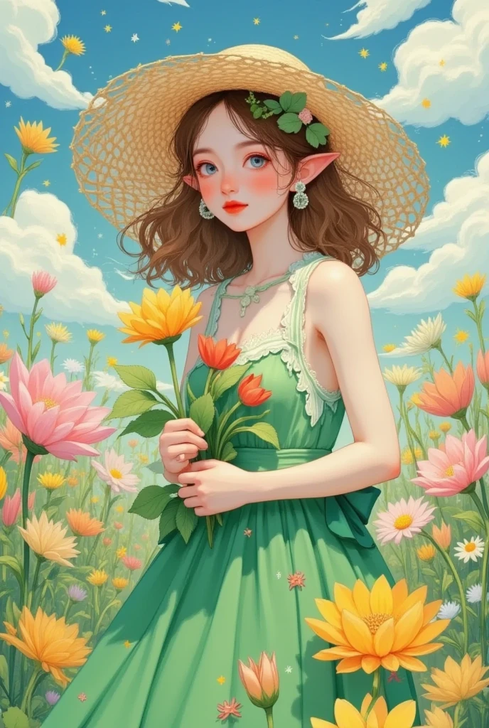 A woman in a green dress and straw hat is holding a flower in her hand,  fantasy art style ,  Dreaming of Flying Through the Sky , Elf Girl,  creates  , Elf Girl wearing an flower suit,  exquisite digital art , Artwork in the style of guweiz, Digital Anime Illustration, artstrationTrend , Elf Princess, Beautiful digital illustrations, Lovely art style
