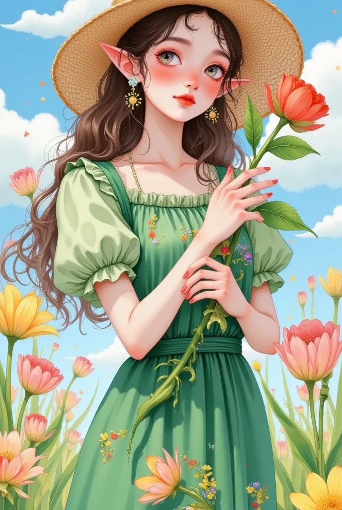 A woman in a green dress and straw hat is holding a flower in her hand,  A detailed painting by Yang Jianjun, pixiv, Fantasy Art, Fantasy Art style,  Dreaming of Flying Through the Sky , Elf Girl,  creates  , Elf Girl wearing an flower suit,  exquisite digital art , Artwork in the style of guweiz, Digital Anime Illustration, artstrationTrend 
