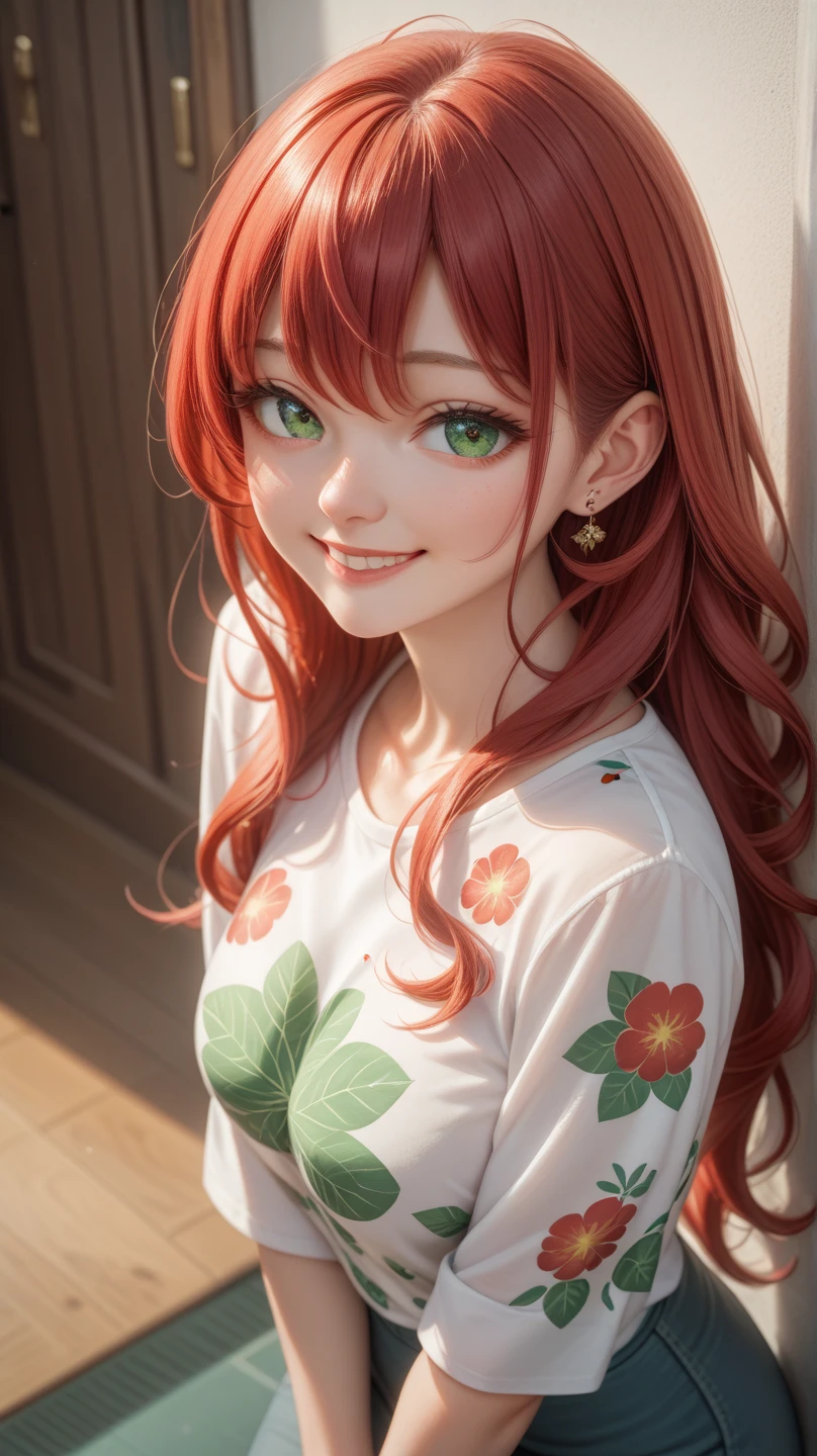  22 year old smiling white woman wearing patterned shirt、shy-smile、 long hair、 red hair、 my eyes are emerald green、shoot from above、I&#39;m a little thin。In photographic realism。