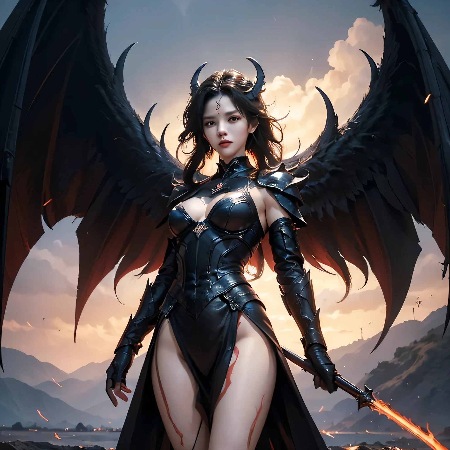 subject：full body picture of couple, The lost god, Demon Lord Wings, Sky battle of devils, (Realistic picture, high resolutionสุด, 16K), (A demon god with wide wings and enormous power on his shoulders..., Twelve wings on the shoulders., black bat wings:1. long hair, Thick hair, Two meters long, floor length, (สาวสวยlong hairสองเมตร, shiny black hair, Smooth white skin, very red lips), ((stand, already)), (หน้าอกbig, หัวbig ), (gigantic breast, small waist, hips raised, small thighs, Long legs), (dynamic poses), (devil wings), floating in the air above the ground, background darkness, Embraced with twelve wings, ปีกSeparate themeชัดเจน, Angel wings and devil wings, white and black wings, ทรงสวมมงกุฏขนาดbig, The busiest breasts, big , Porn, just, exposed body, tight, All smooth., see the whole body, full body image, War of Gods Demons, devil,  Hell, Makanime Battle, black bat wings, background, surounding by big big hell fire flames, horibly thunder storm and red skyเกิดขึ้นอย่างรวดเร็ว, "(best quality, 4K, 8ก, high resolution, Masterpiece:1.2), very detailed, (realism, fotorrealism, fotorrealism:1.37),  [illustration], [dynamic elements], [Fantasy], [การต่อสู้ครั้งยิ่งbig], [strong emotions], [hot atmosphere], [Colossal force], [huge hell fire flames}, Portrait, terrain, Sharp focus, physical representation, professional, bright colors, Bokeh, Saturated tones, [incredible light]"