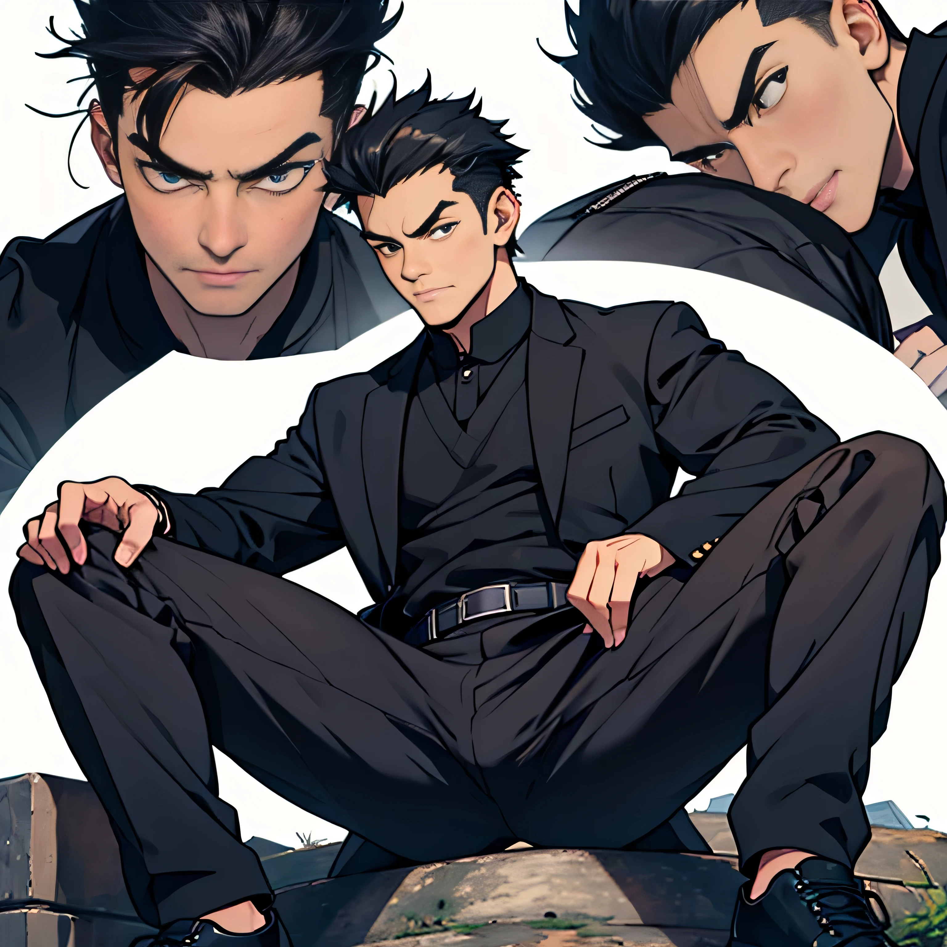 23 years old,, Simple Black Single Suit , Riverbank、 cm apart ,Spread your legs wider,black belt,Black socks,Black leather shoes,logic, Gay , black hair, Shorthair, thick eyebrows,Stubble, Lightly Set Your Hair with Wax ,Kakuryu Takeru,Masculine,salaryman,Mob characters,Bad Actor , The crotch part of the pants is bulging,,Menacing look
