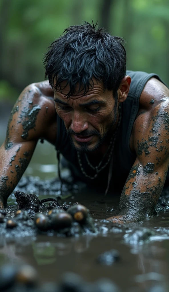 shirtless muscular man sinks in a mud pit past his shoulders after attempting to escape dramatically

