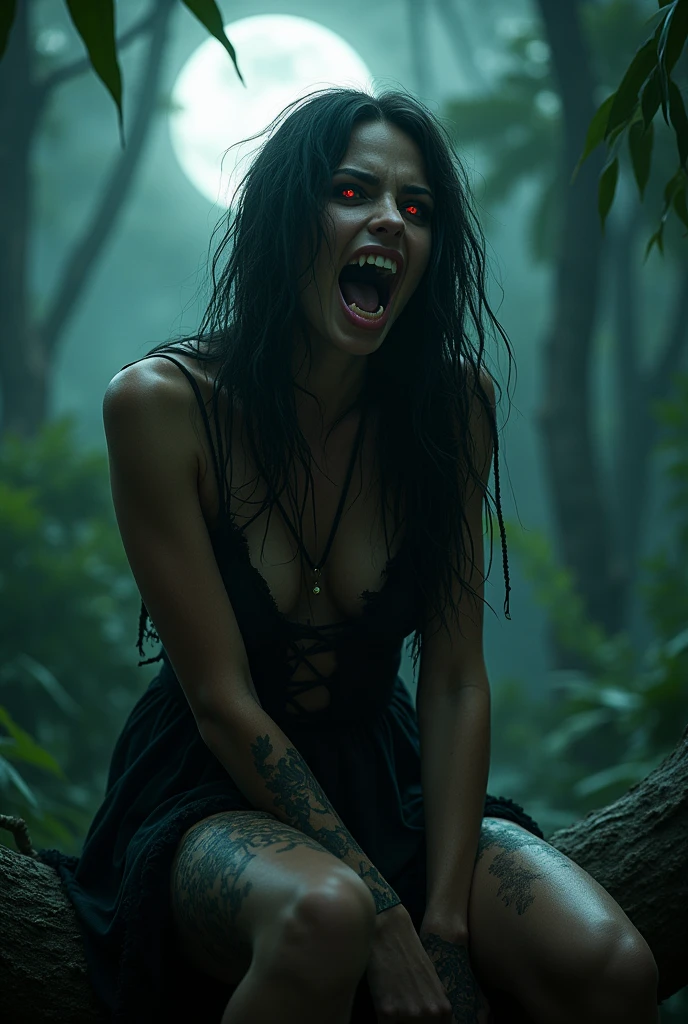 Young woman, in underwear, breast, tits, lace underwear, In the woods, fire, blood on body, black tights,