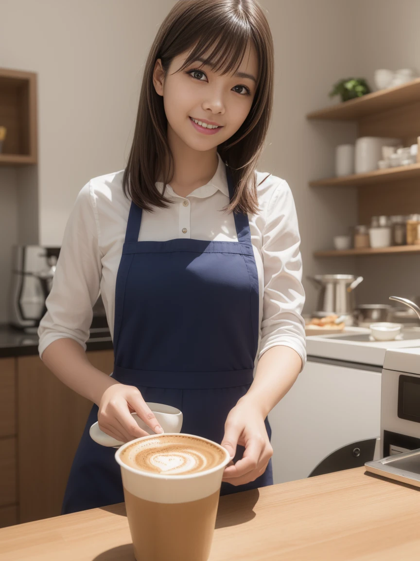 In 8K,highest quality:1.4, ultra high resolution:1.5, (realistic:1.4),masterpiece:1.2,(highest quality:1.4)、 RAW photo、 １japanese girl、 cute、medium breasts:1.5、 (alone:1.8)、kitchen、 (shy smile:1.3), smooth skin、30 years old:1.5、beautiful black eyes、natural skin texture:1.3, Realistic eye and face details:1.8、 (brown medium hair,bangs), (touch hair:1.4)、Nogizaka、cute colorful apron、cafe clerk、supple fingertips、beautiful black eyes、natural skin texture:1.3, Realistic eye and face details:1.7、look at the audience、full body shot:1.8、beautiful feet、gravure、attractive girl、thighs thighs、Are standing、coffee