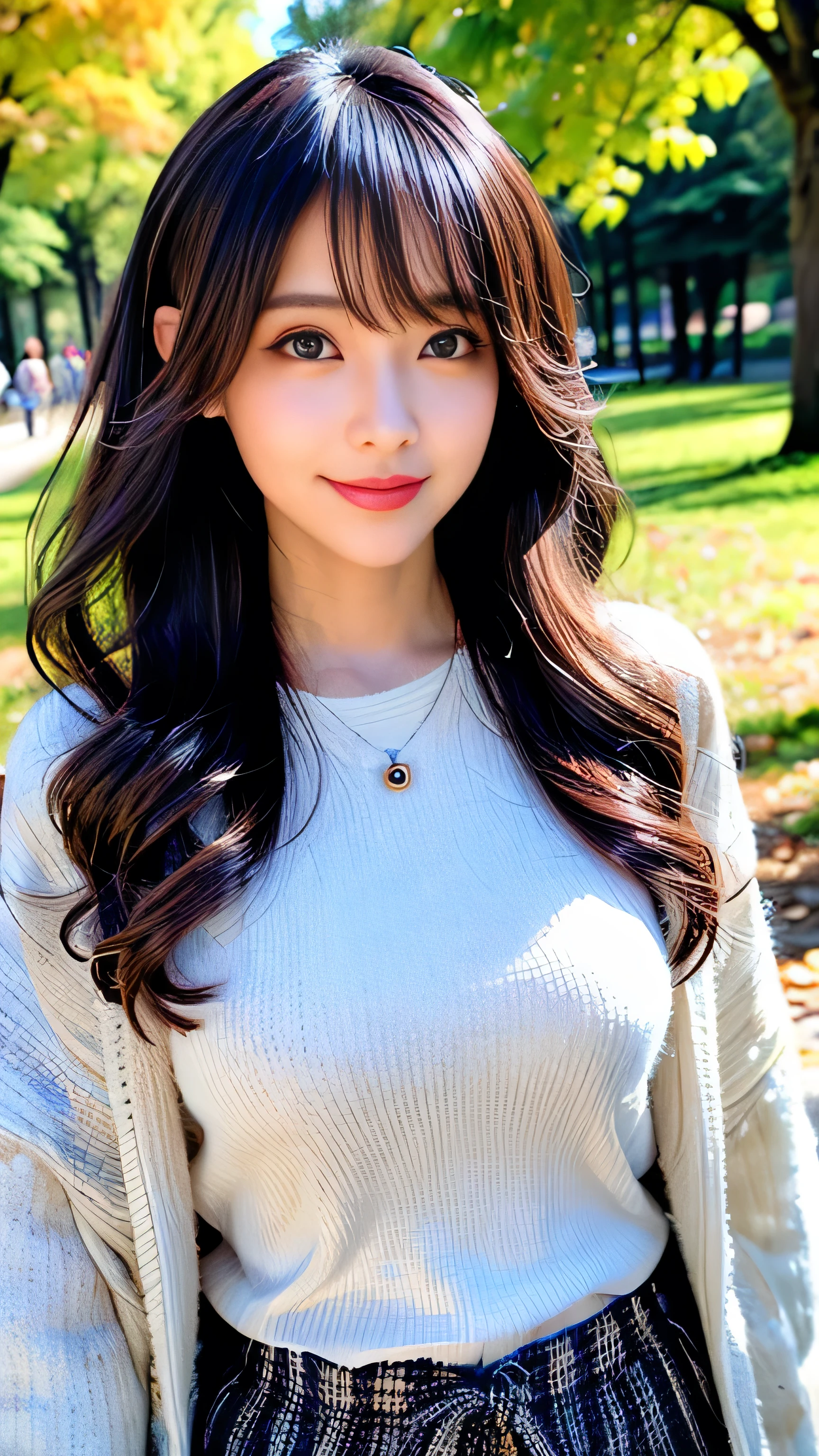 seed:4195271995,((Full Body Angle:1.１)),((Highest quality, 8K, masterpiece: 1.3)), concentrated: 1.2,Front hair:1.3, Cute girl 1,Nipples erect、 Perfect beauty: 1.4,Colorful ribbed knit half-zip T-shirt、Shorts,: 1.2,Randall Color、comics＆Text Graphics、Black,1.1, Highly detailed face and skin textures, Fine grain, double eyelid, whitening skin, ,Highest quality,Ultra-high resolution,you,1 girl,alone,_Shiny_skin,Iris,necklace,((brown_length_Wavy_hair)),(lips)),eyelash,Front hair,deal with,compensate,Shiny,pore,skin big breasts、(smiling face)、Front hair、Walking in the park、walk