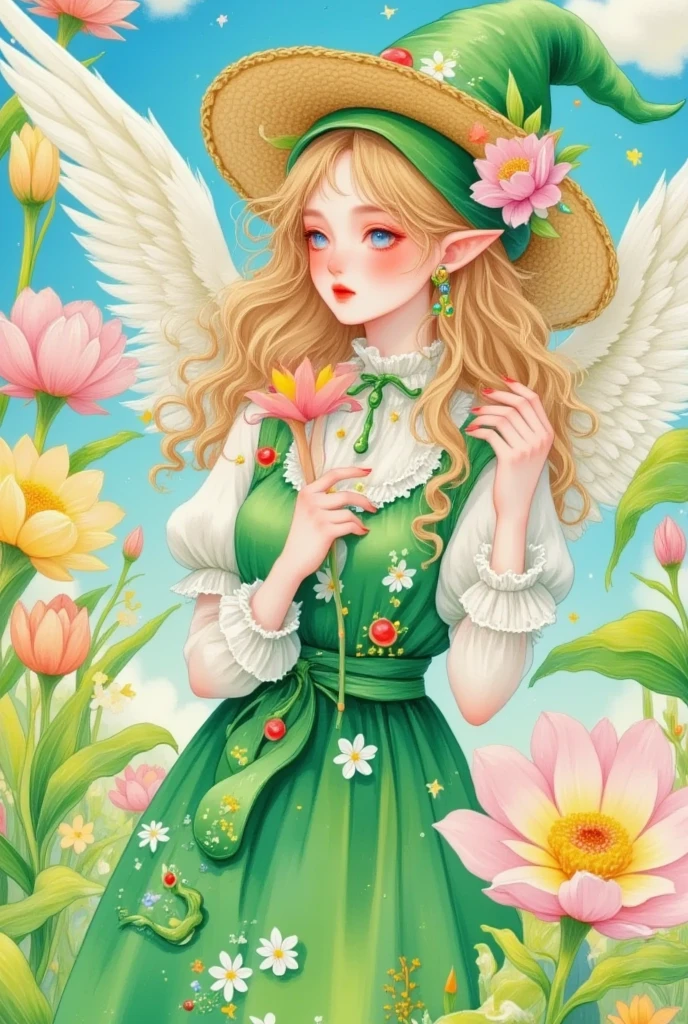 A woman in a green dress and straw hat is holding a flower in her hand,  A detailed painting by Yang Jianjun, pixiv, Fantasy Art, Fantasy Art style,  Dreaming of Flying Through the Sky , Elf Girl,  creates  , Elf Girl wearing an flower suit,  exquisite digital art , Artwork in the style of guweiz, Digital Anime Illustration, artstrationTrend 
