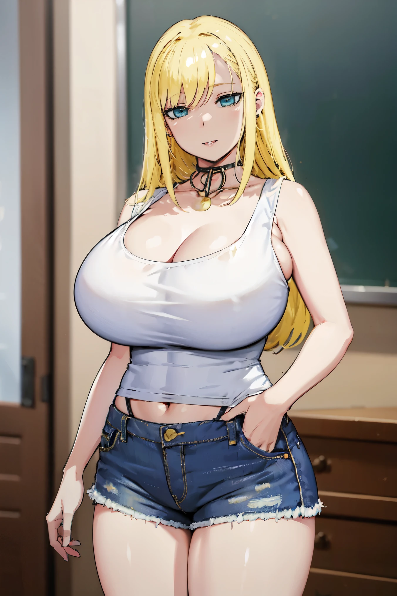 Blonde hair, very huge tits  , ((white tank top, short  pants jeans )),   thick, busty, long hair, green eyes,  upperbody, smile, navel, cleavage, legs, thigh, classroom background, standing